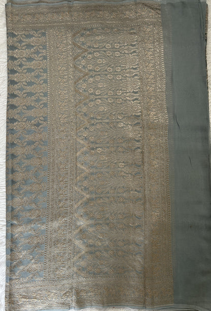 Banarasi Georgette Saree Gray Colored Complemented with a Zari Border. - Sampradaya Designer Studio