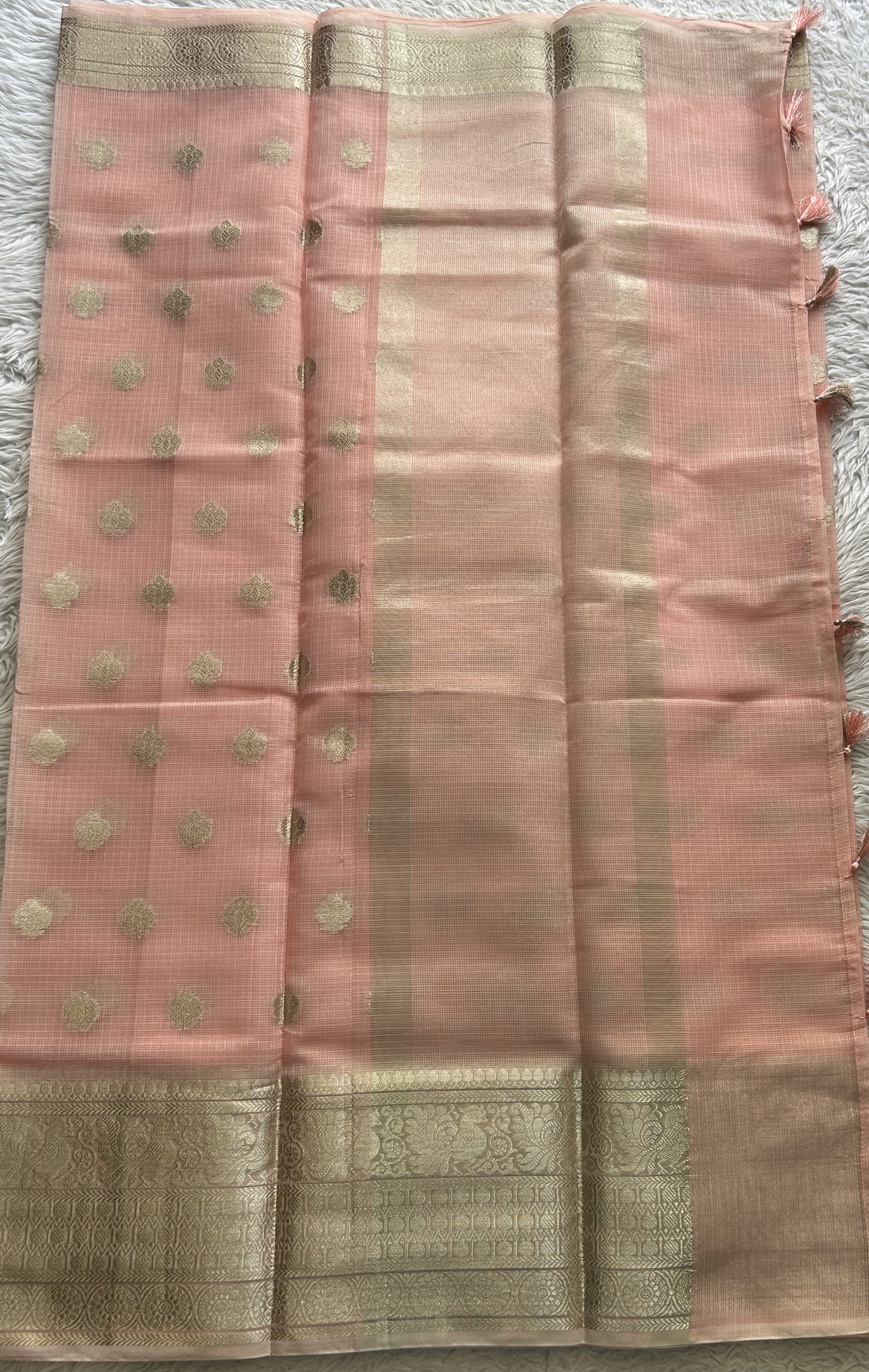 Silk kota Saree Peach colored Complemented with a Zari Border. - Sampradaya Designer Studio