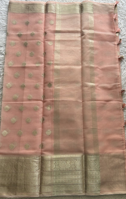 Silk kota Saree Peach colored Complemented with a Zari Border. - Sampradaya Designer Studio