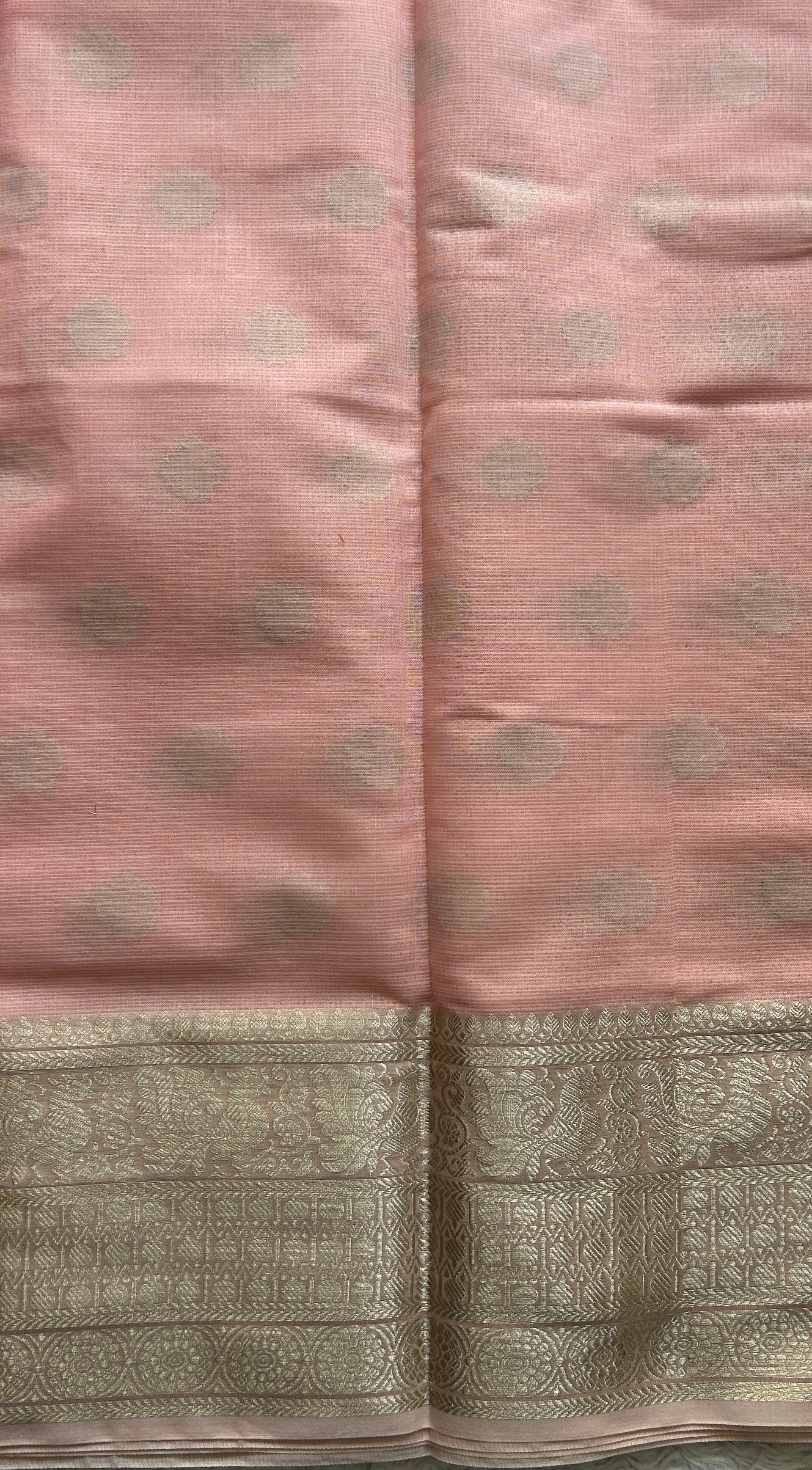 Silk kota Saree Peach colored Complemented with a Zari Border. - Sampradaya Designer Studio