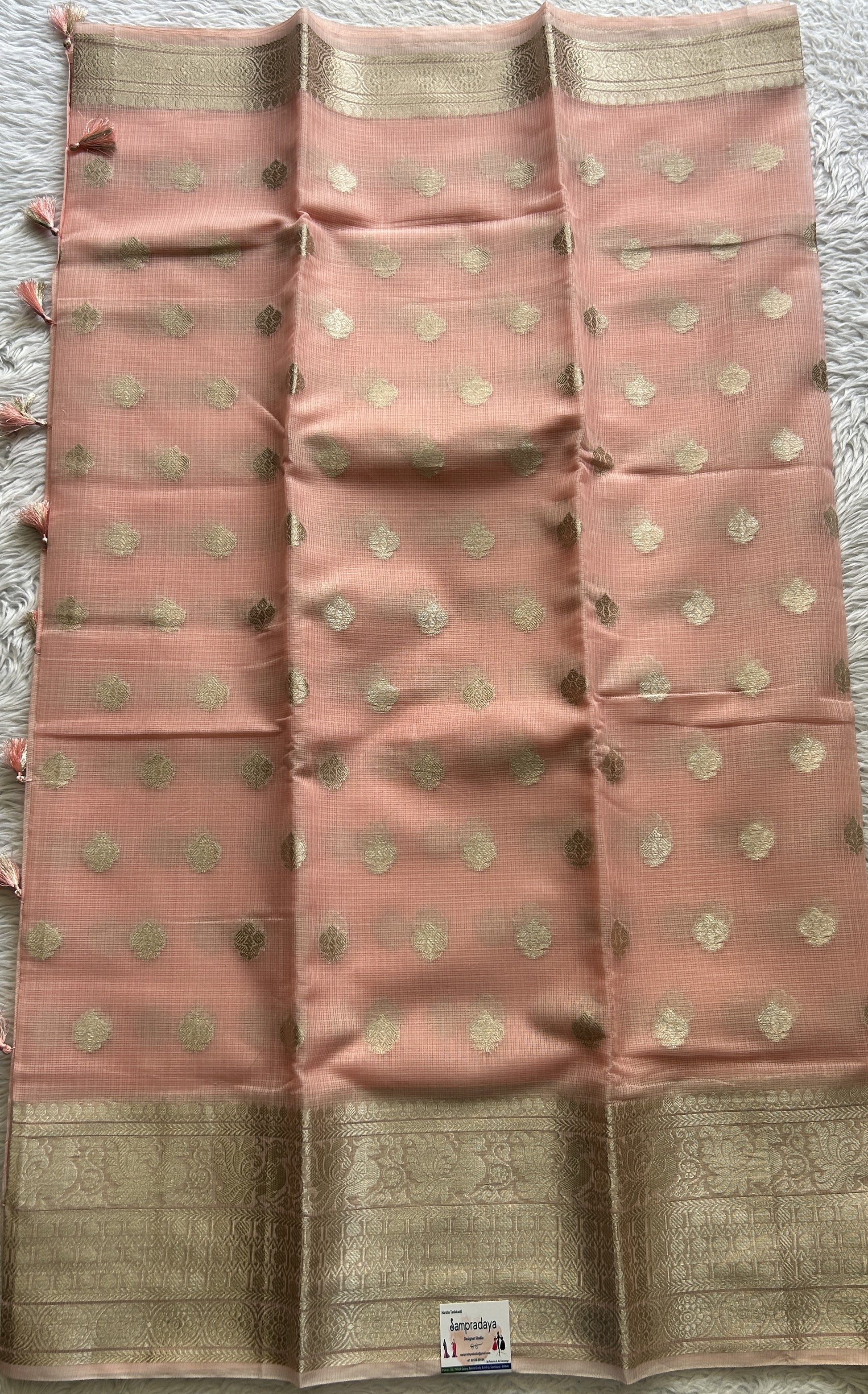 Silk kota Saree Peach colored Complemented with a Zari Border. - Sampradaya Designer Studio