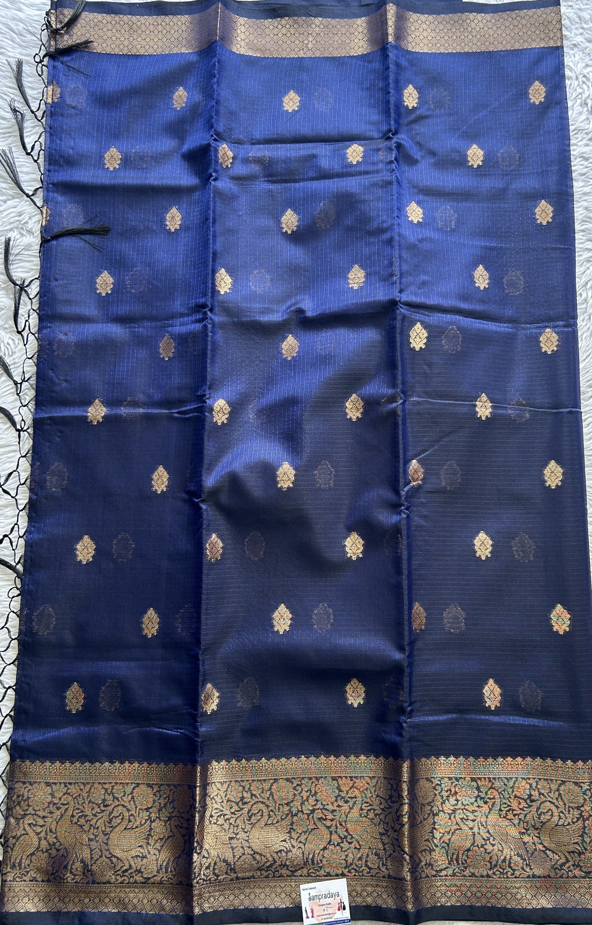 Silk kota Saree Indigo Blue colored Complemented with a Zari Border. - Sampradaya Designer Studio