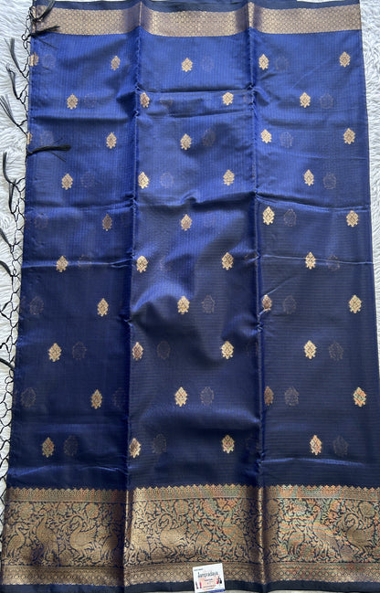 Silk kota Saree Indigo Blue colored Complemented with a Zari Border. - Sampradaya Designer Studio