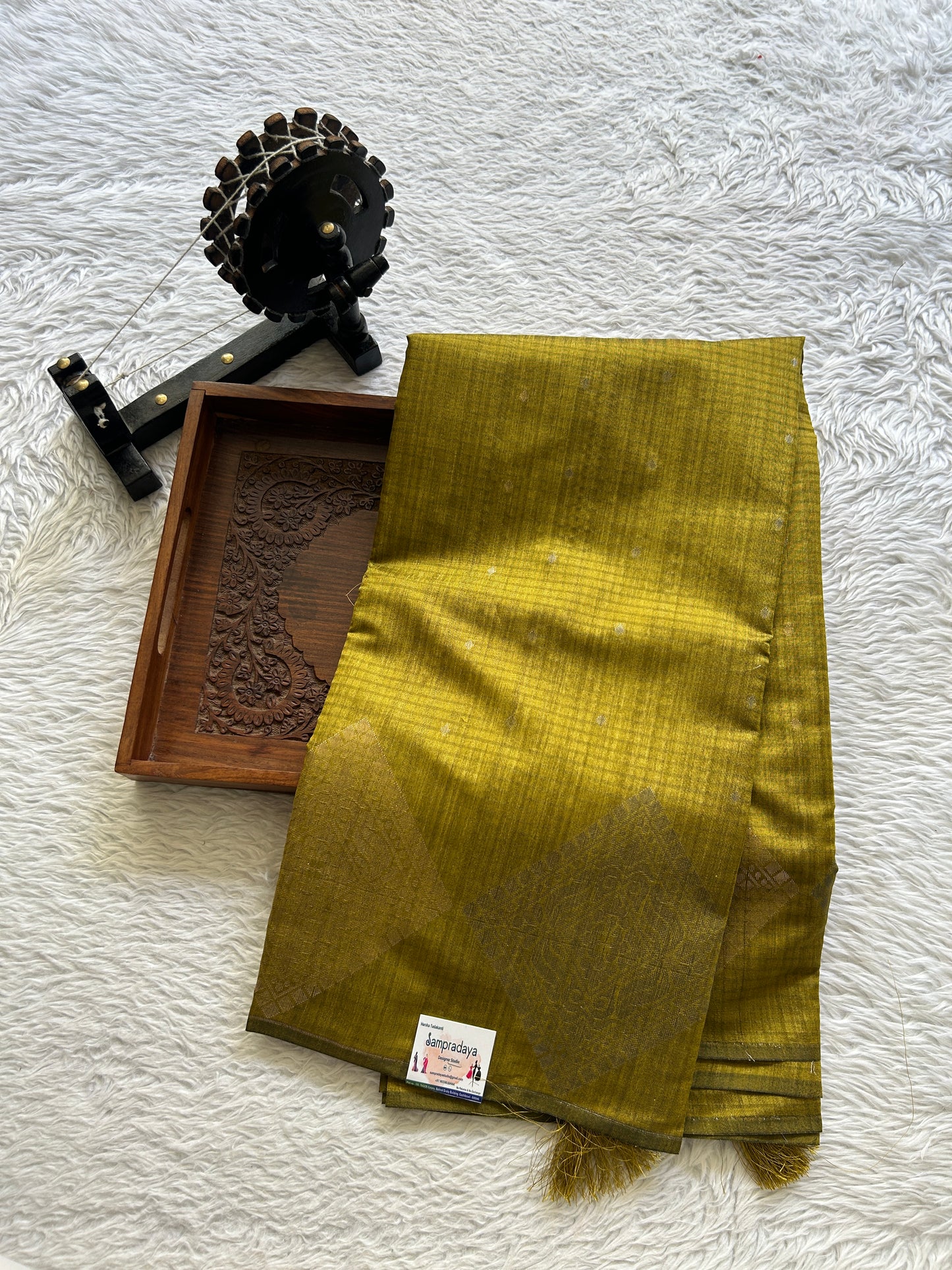 Semi Tussar Saree Olive Green Colored complemented with a Borderless. - Sampradaya Designer Studio