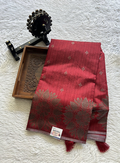 Semi Tussar Saree Dark Maroon Colored complemented with a Borderless. - Sampradaya Designer Studio