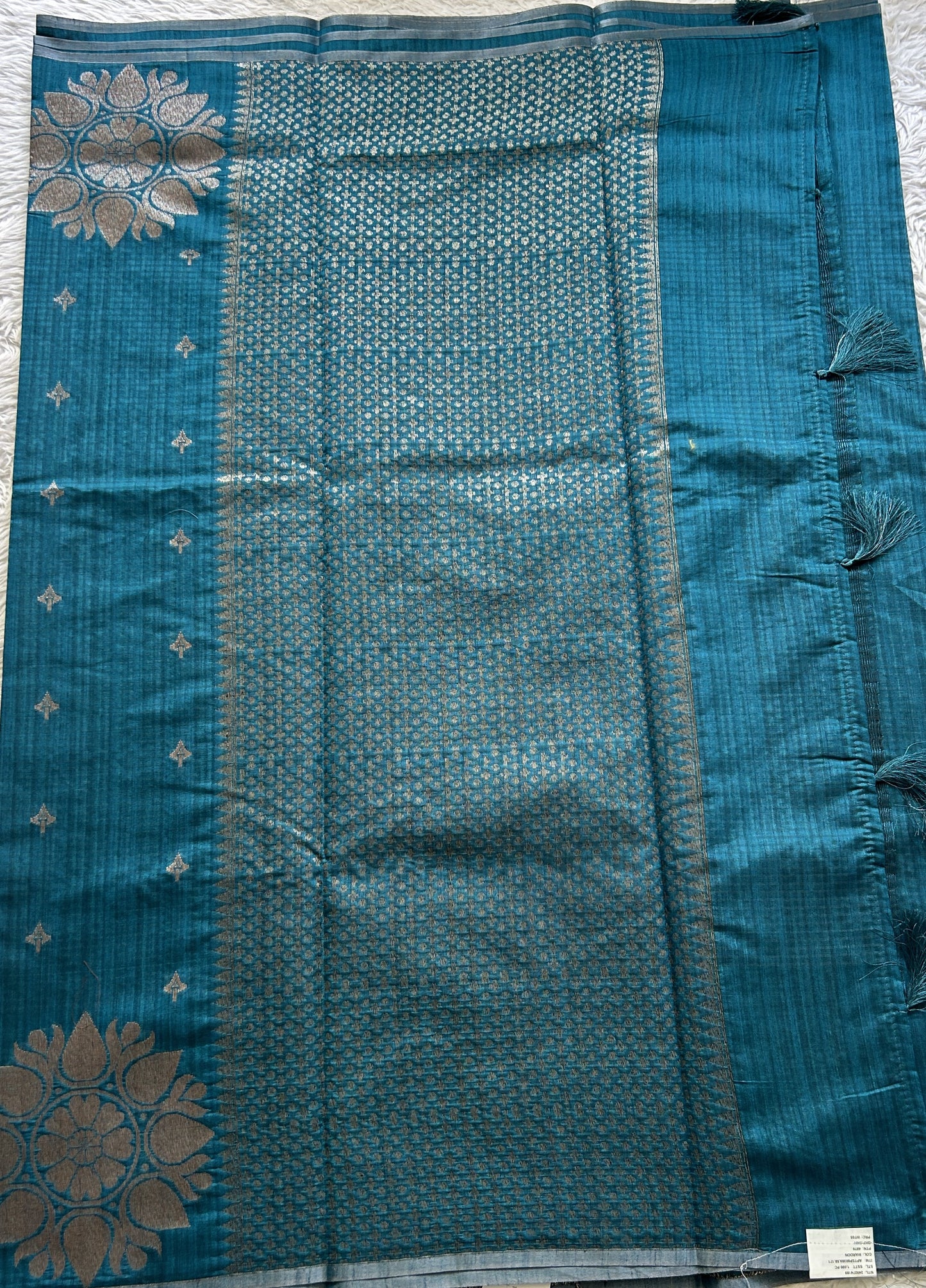 Semi Tussar Saree Teal Blue Colored complemented with a Borderless. - Sampradaya Designer Studio