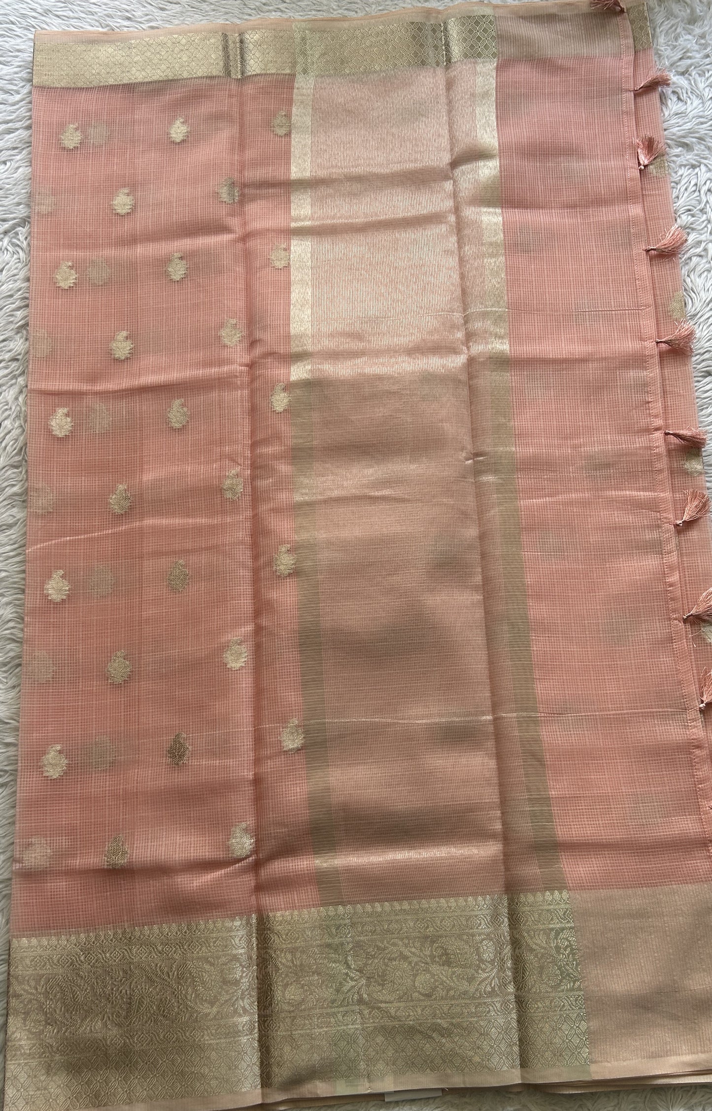 Silk kota Saree Peach colored Complemented with a Zari Border. - Sampradaya Designer Studio