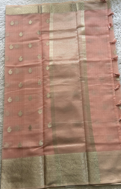 Silk kota Saree Peach colored Complemented with a Zari Border. - Sampradaya Designer Studio