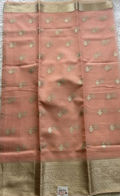 Silk kota Saree Peach colored Complemented with a Zari Border. - Sampradaya Designer Studio