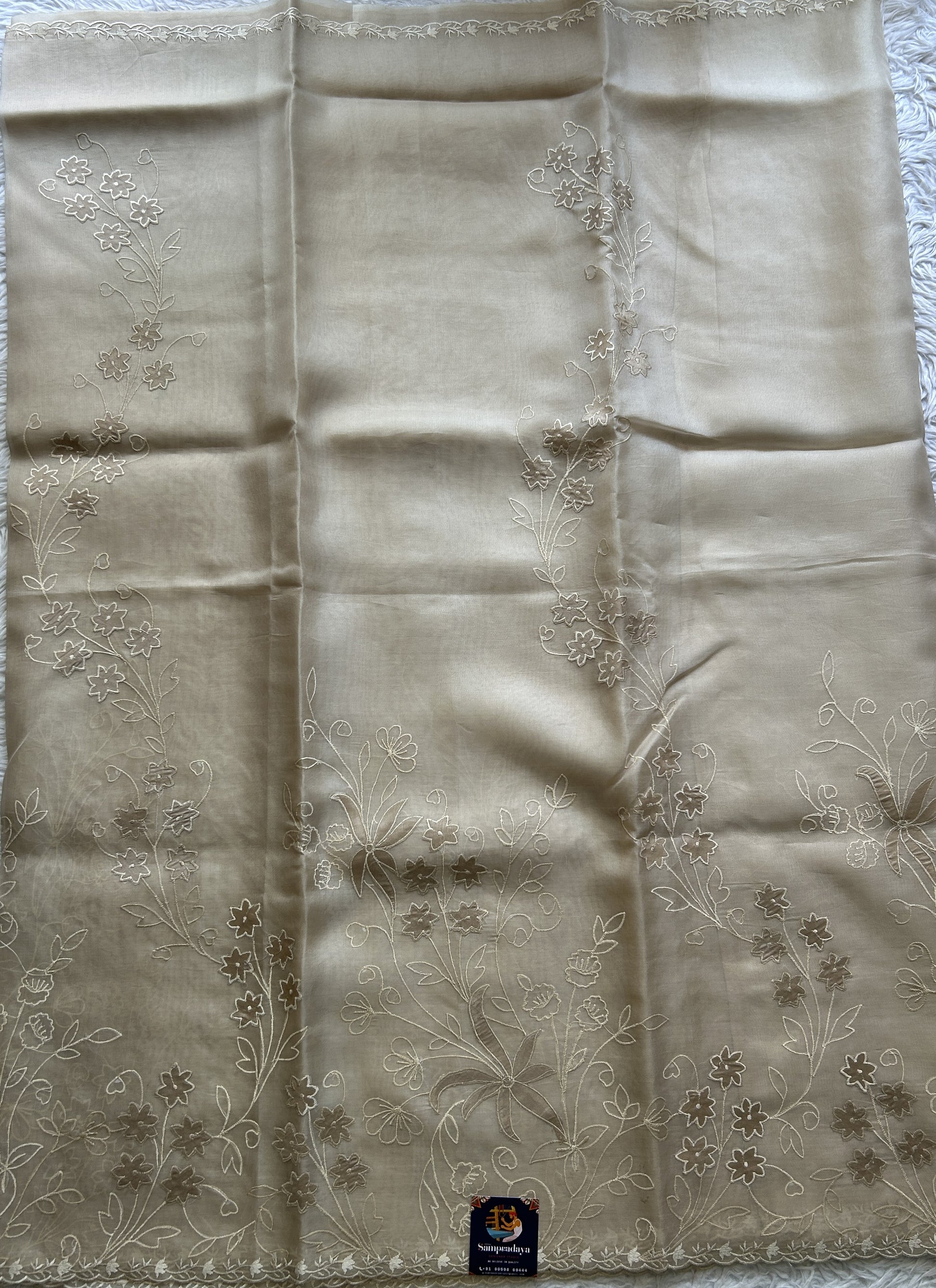 Banarasi Kora Silk Saree Beige Colored Complemented with a Scallop Border. - Sampradaya Designer Studio