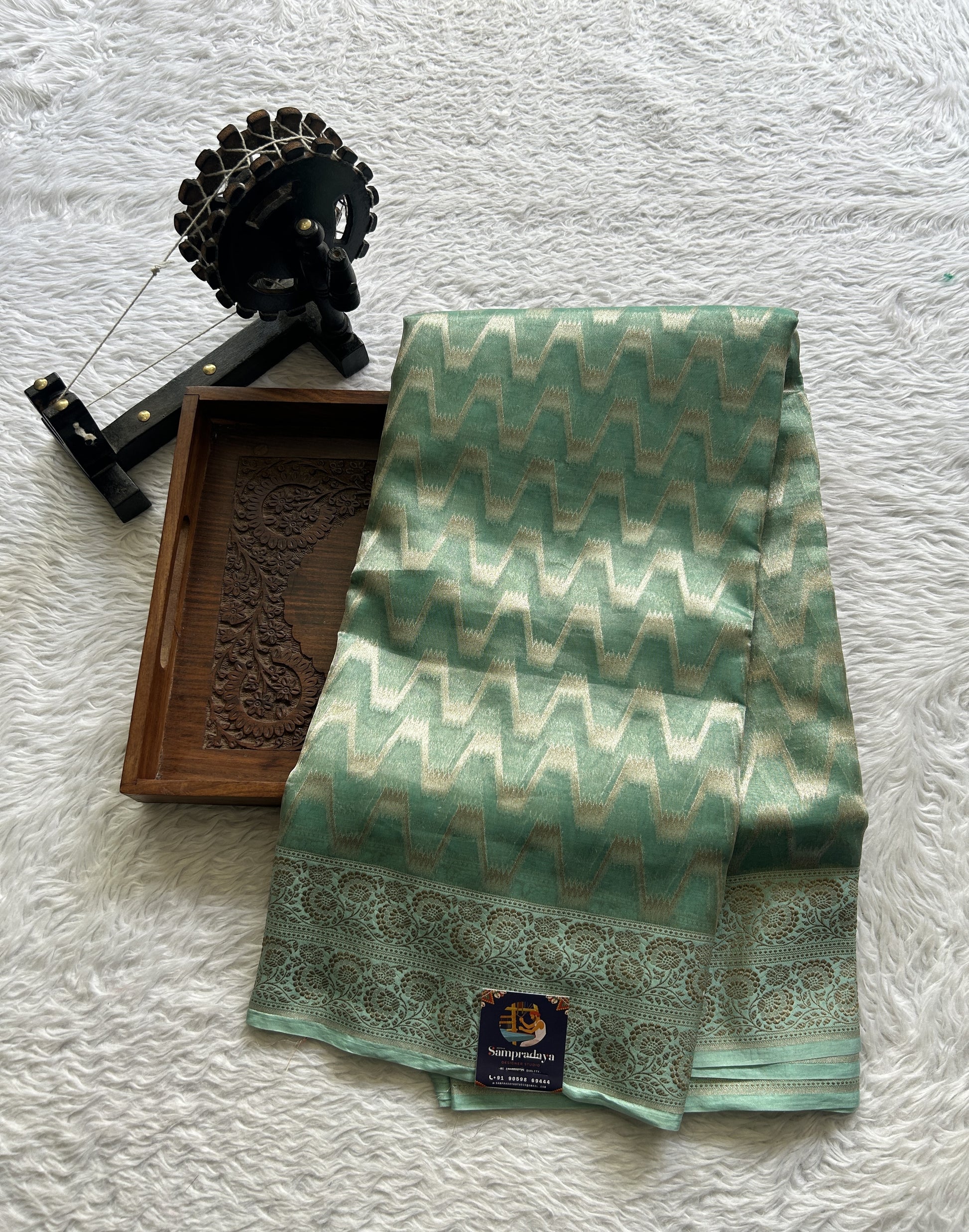 Banarasi Kora Tissue Saree Sea Green Colored Complemented with a Zari Border. - Sampradaya Designer Studio