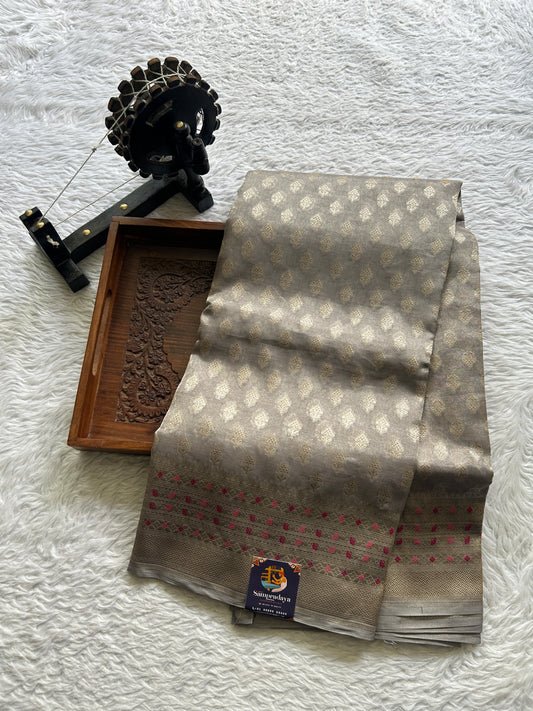 Banarasi Kora Tissue Saree Light Gray Colored Complemented with a Zari Border. - Sampradaya Designer Studio