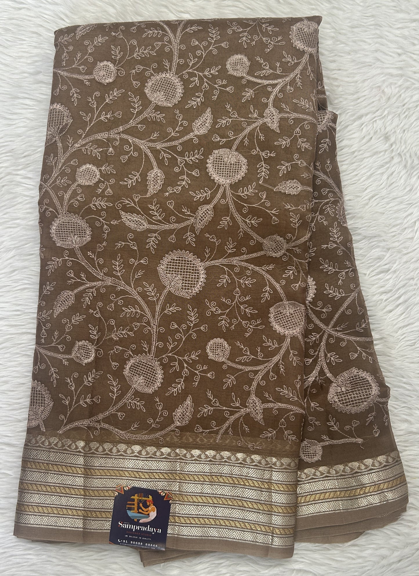 Banarasi Kora Silk Saree Brown Colored Complemented with a Zari Border. - Sampradaya Designer Studio