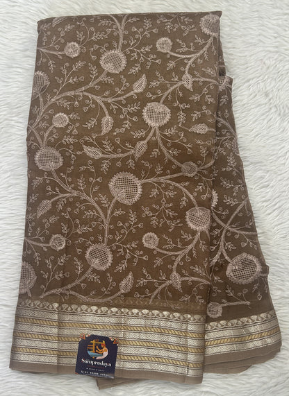 Banarasi Kora Silk Saree Brown Colored Complemented with a Zari Border. - Sampradaya Designer Studio