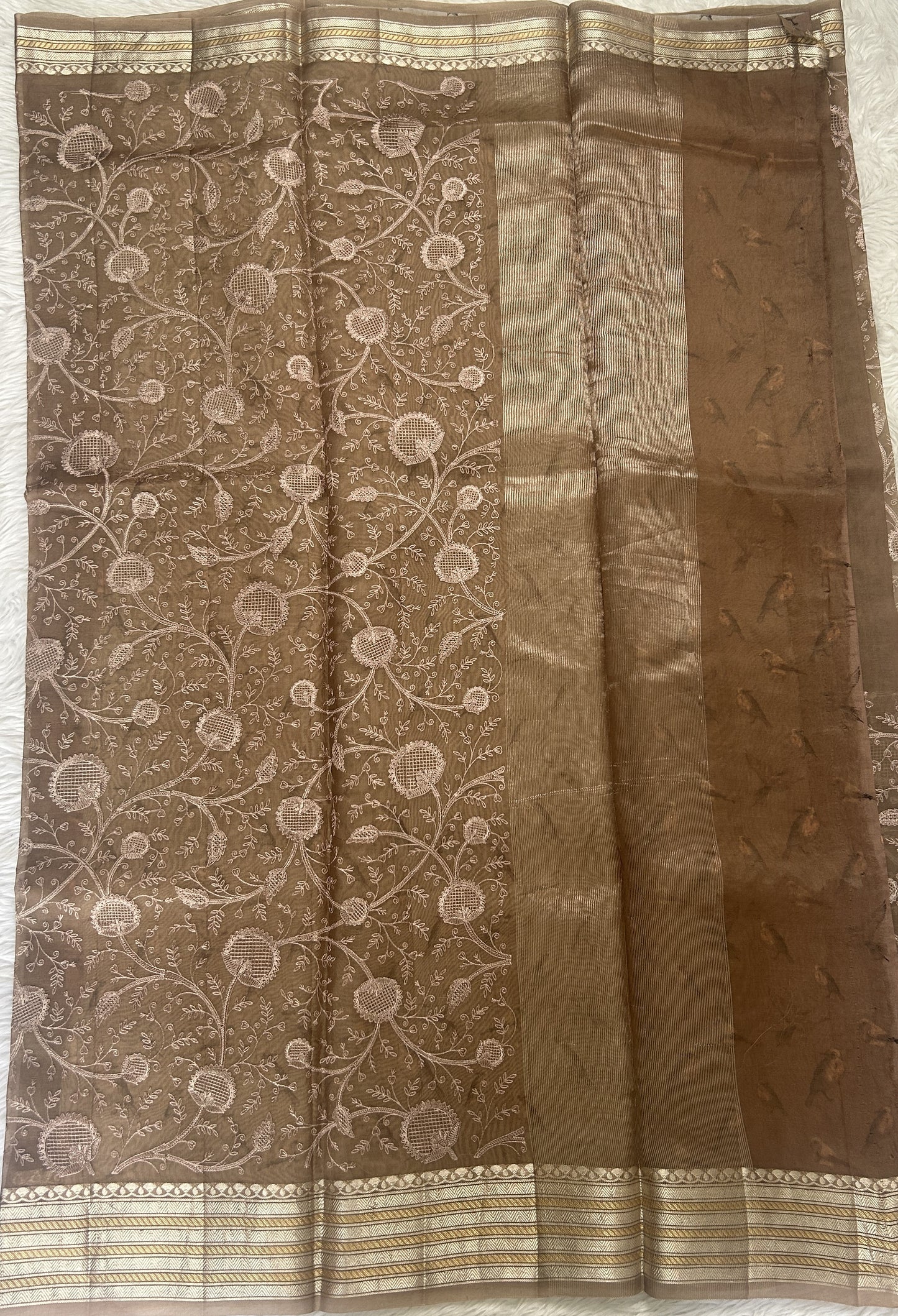 Banarasi Kora Silk Saree Brown Colored Complemented with a Zari Border. - Sampradaya Designer Studio