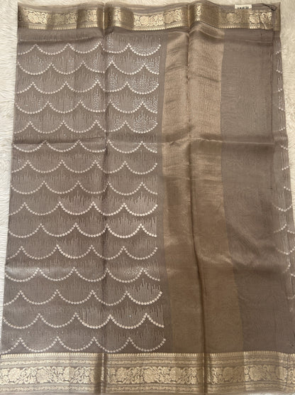 Banarasi Kora Silk Saree Dusty Lavender Colored Complemented with a Zari Border. - Sampradaya Designer Studio