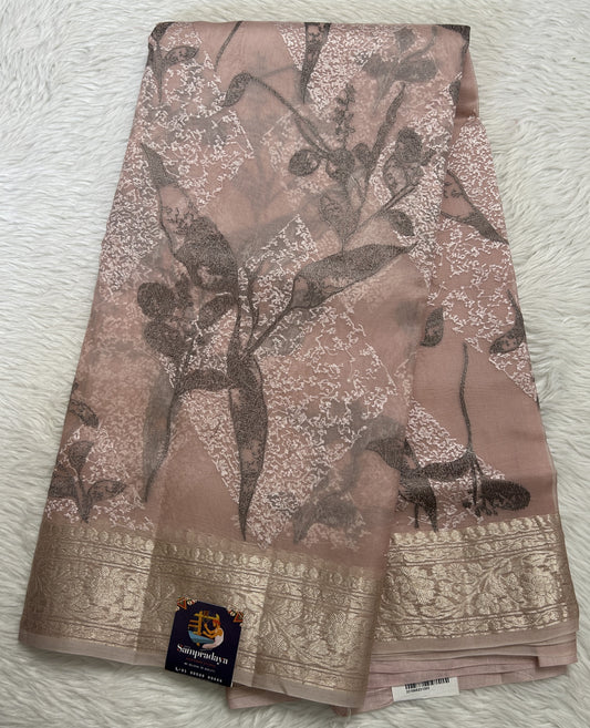 Banarasi Kora Silk Saree Light Pink Colored Complemented with a Zari Border. - Sampradaya Designer Studio