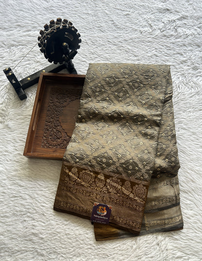 Banarasi Chiniya Silk Saree Gray Colored Complemented with a Ochre Color Zari Border. - Sampradaya Designer Studio