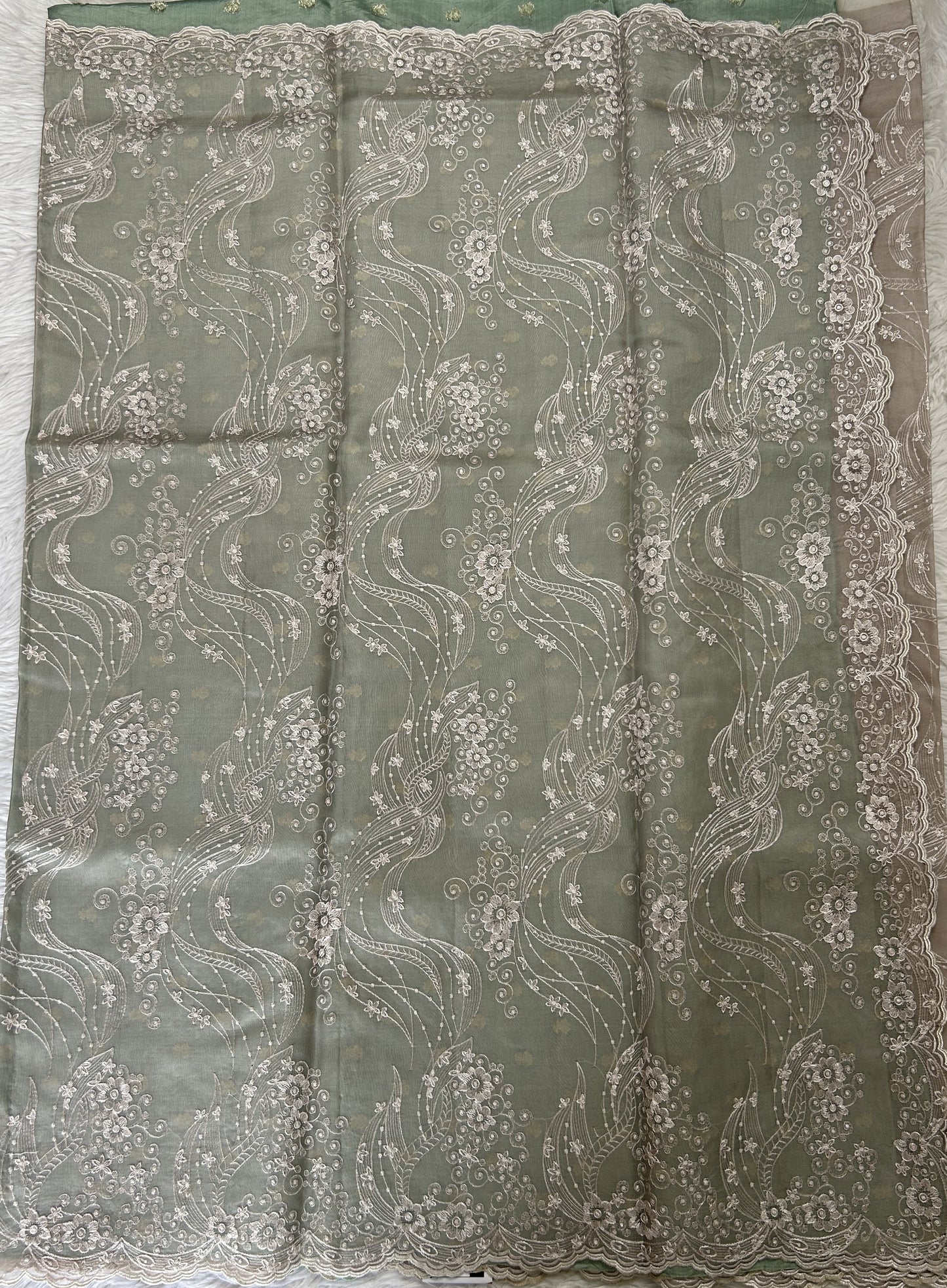 Banarasi Kora Silk Saree Cream Colored Complemented with a Scallop Border. - Sampradaya Designer Studio