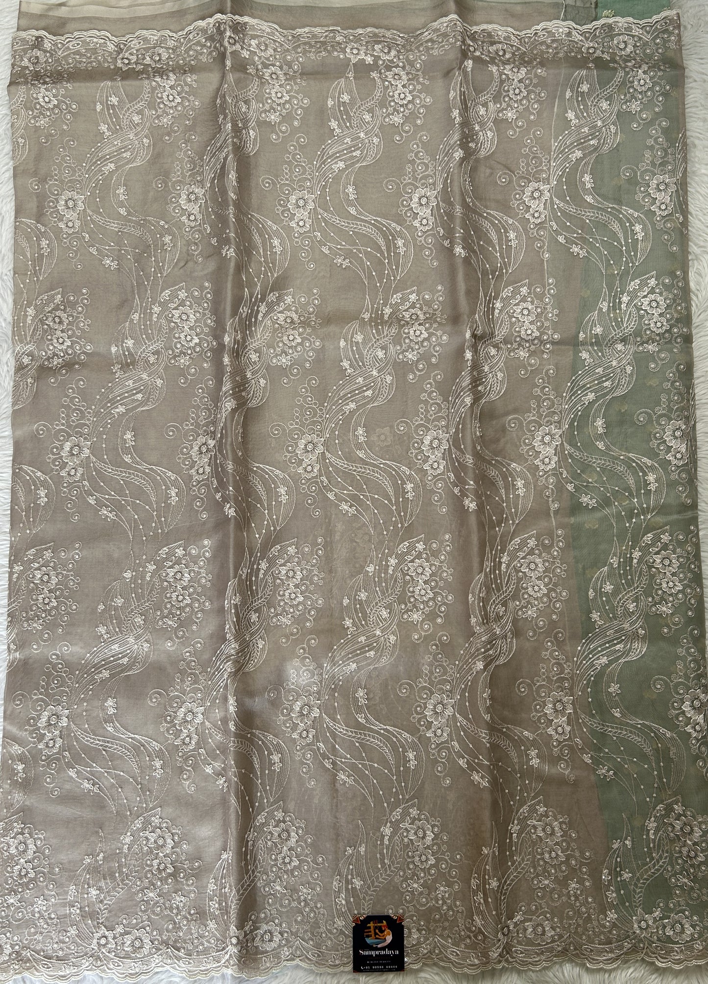 Banarasi Kora Silk Saree Cream Colored Complemented with a Scallop Border. - Sampradaya Designer Studio