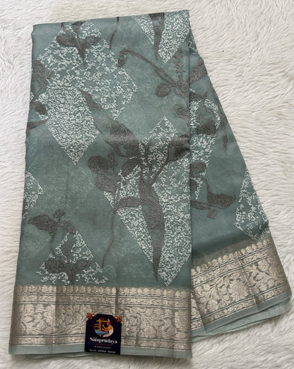 Banarasi Kora Silk Saree Sea Blue Colored Complemented with a Zari Border. - Sampradaya Designer Studio