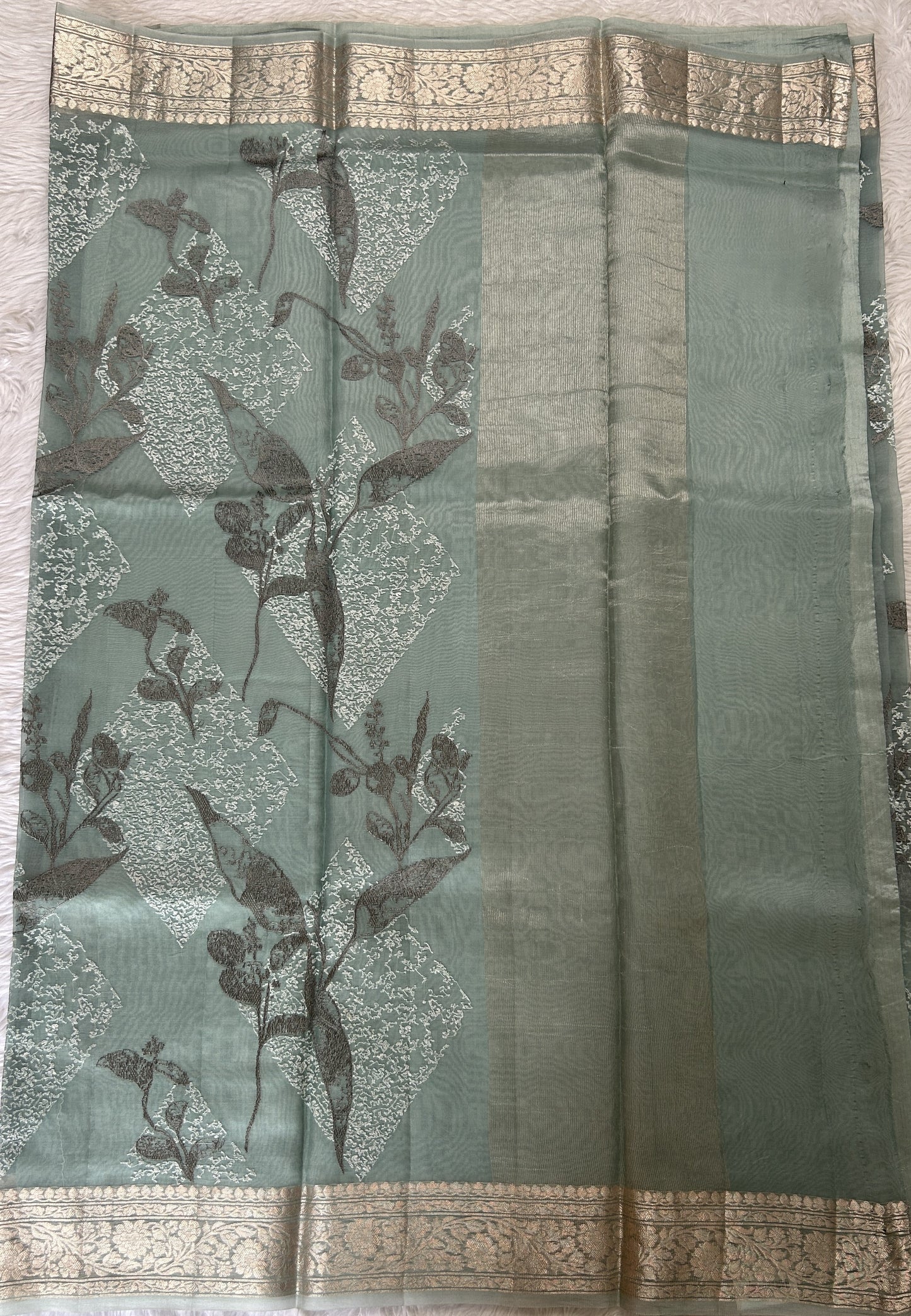 Banarasi Kora Silk Saree Sea Blue Colored Complemented with a Zari Border. - Sampradaya Designer Studio