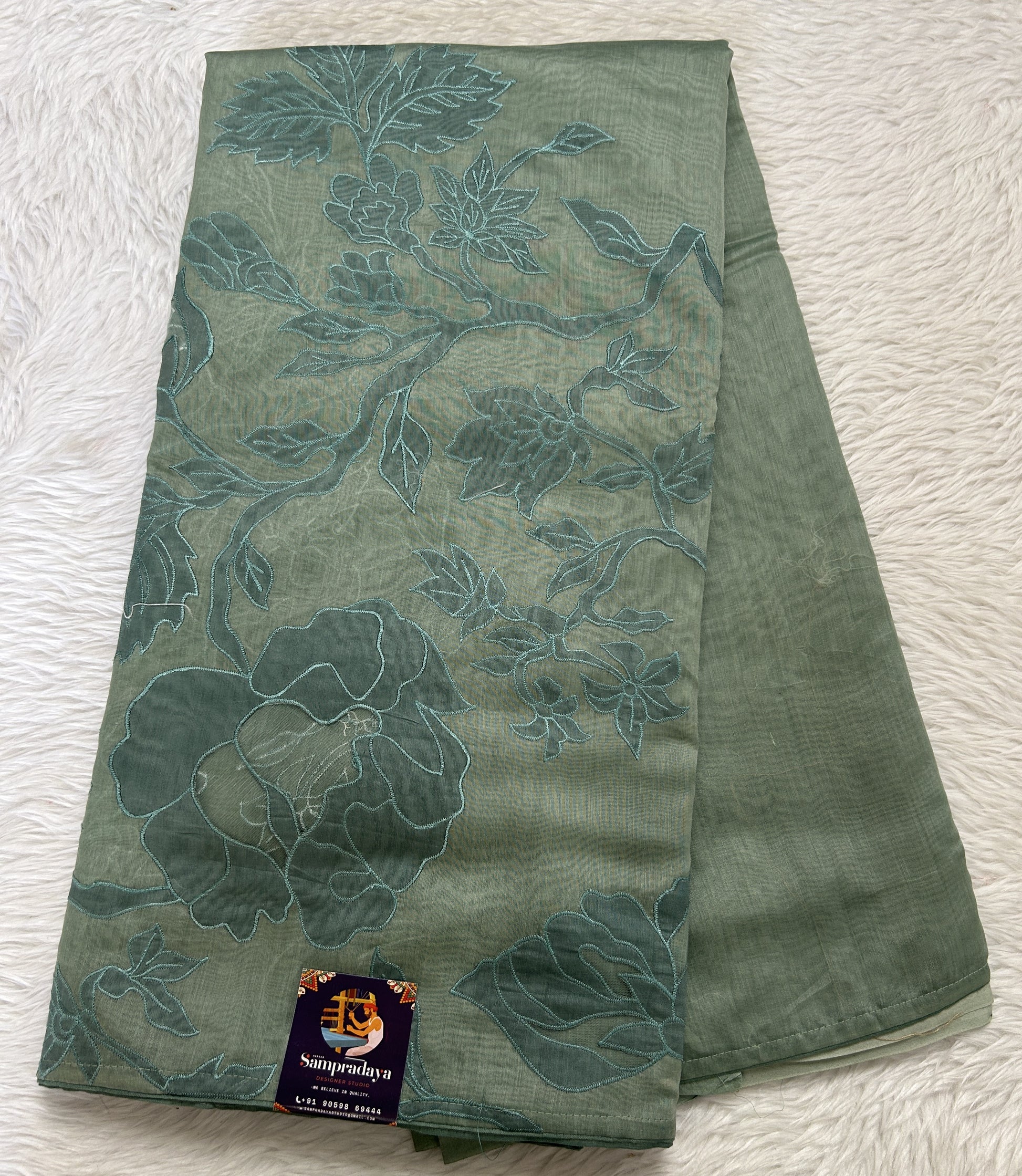 Applique Work Saree Sea Green Colored Complemented with a Borderless. - Sampradaya Designer Studio