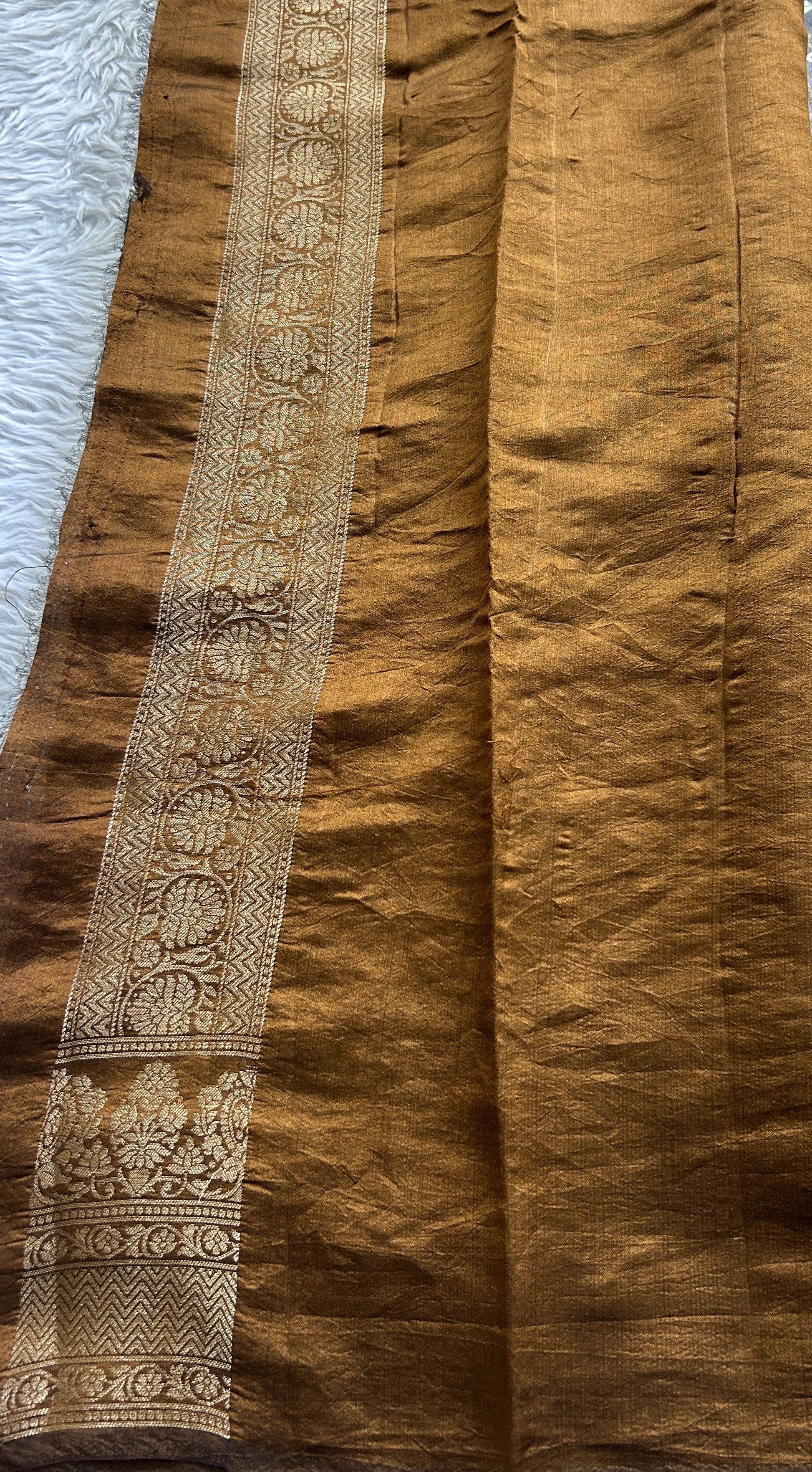 Banarasi Chiniya Silk Saree Gray Colored Complemented with a Ochre Color Zari Border. - Sampradaya Designer Studio