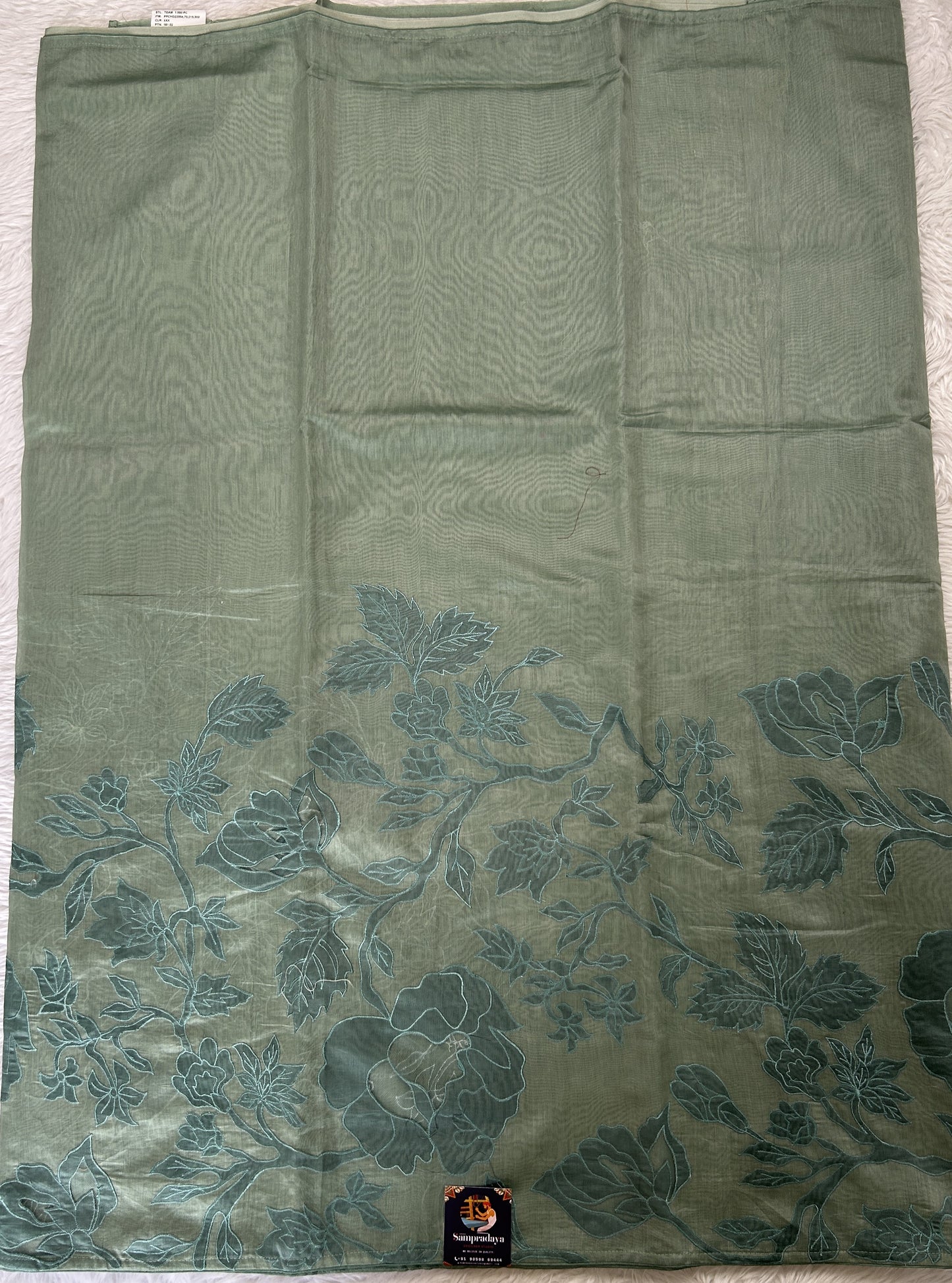 Applique Work Saree Sea Green Colored Complemented with a Borderless. - Sampradaya Designer Studio