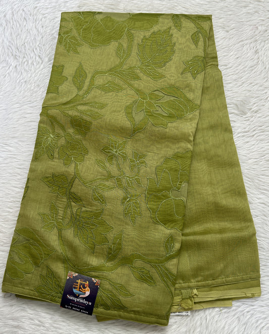 Applique Work Saree Lime Green Colored Complemented with a Borderless. - Sampradaya Designer Studio