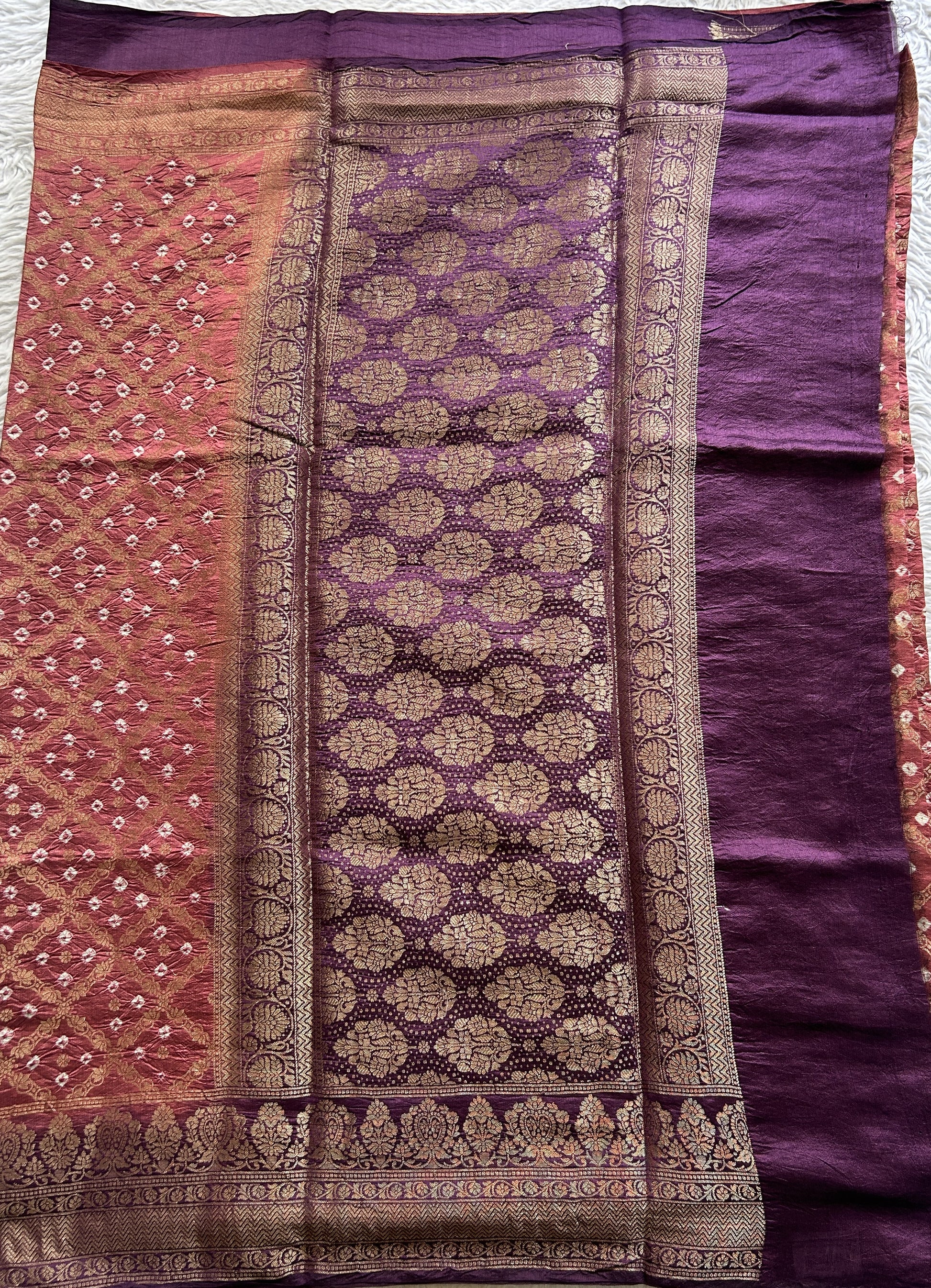 Banarasi Chiniya Silk Saree Onion Pink Colored Complemented with a Purple Color Zari Border. - Sampradaya Designer Studio