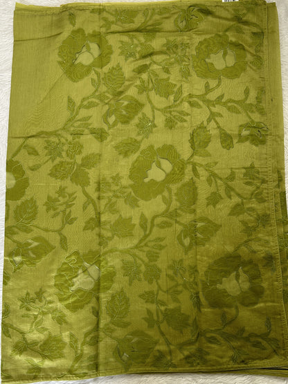 Applique Work Saree Lime Green Colored Complemented with a Borderless. - Sampradaya Designer Studio