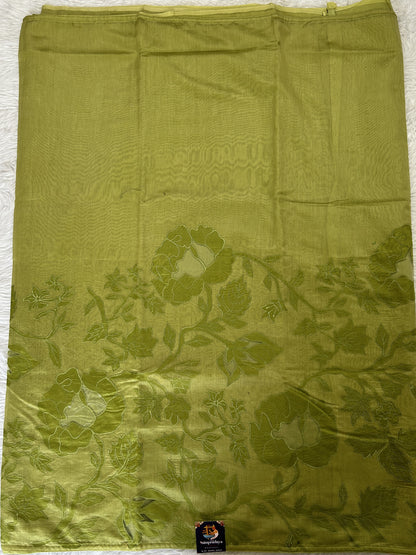 Applique Work Saree Lime Green Colored Complemented with a Borderless. - Sampradaya Designer Studio