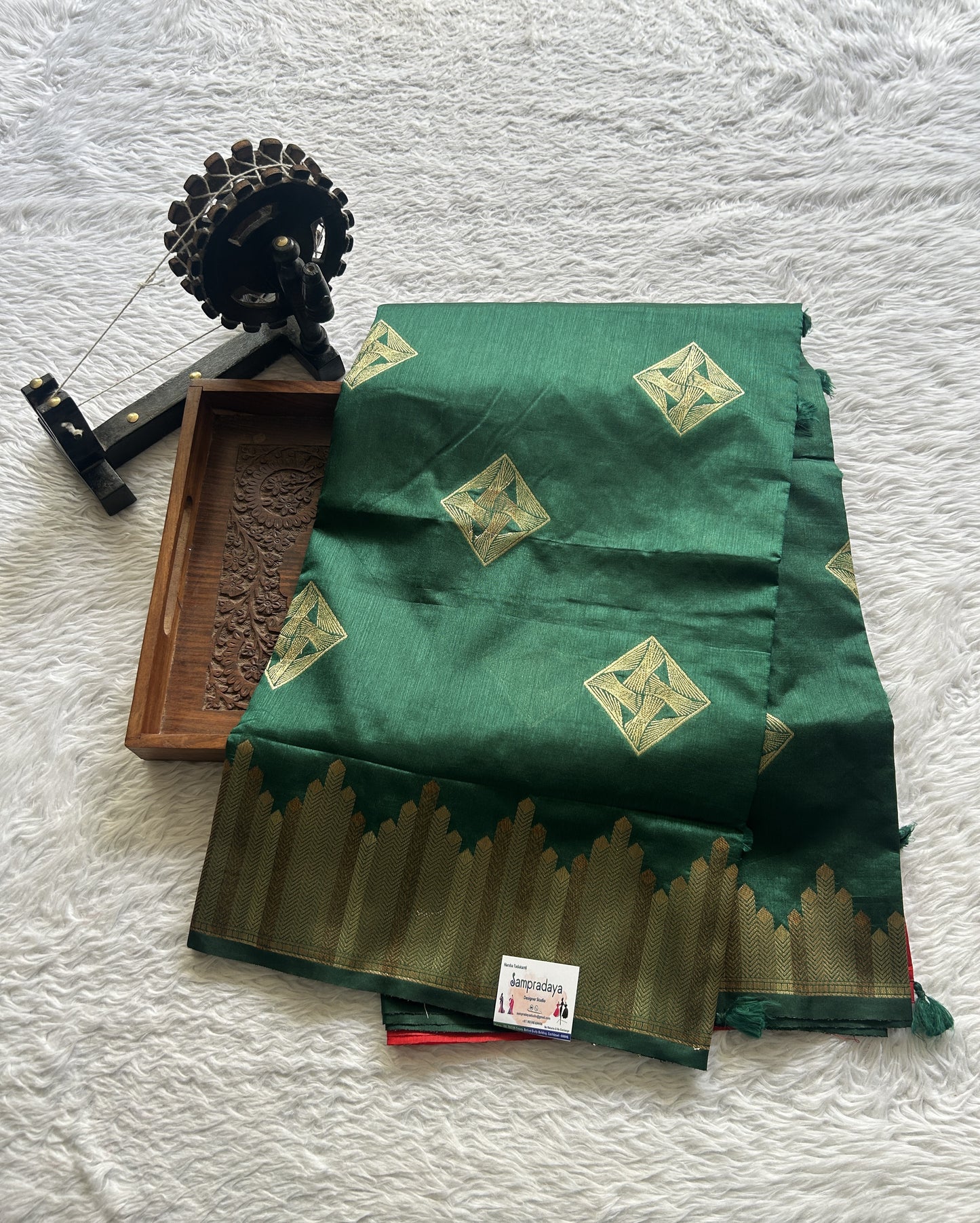 Semi Raw Silk Saree Dark Green Colored Complemented with a Zari Border. - Sampradaya Designer Studio