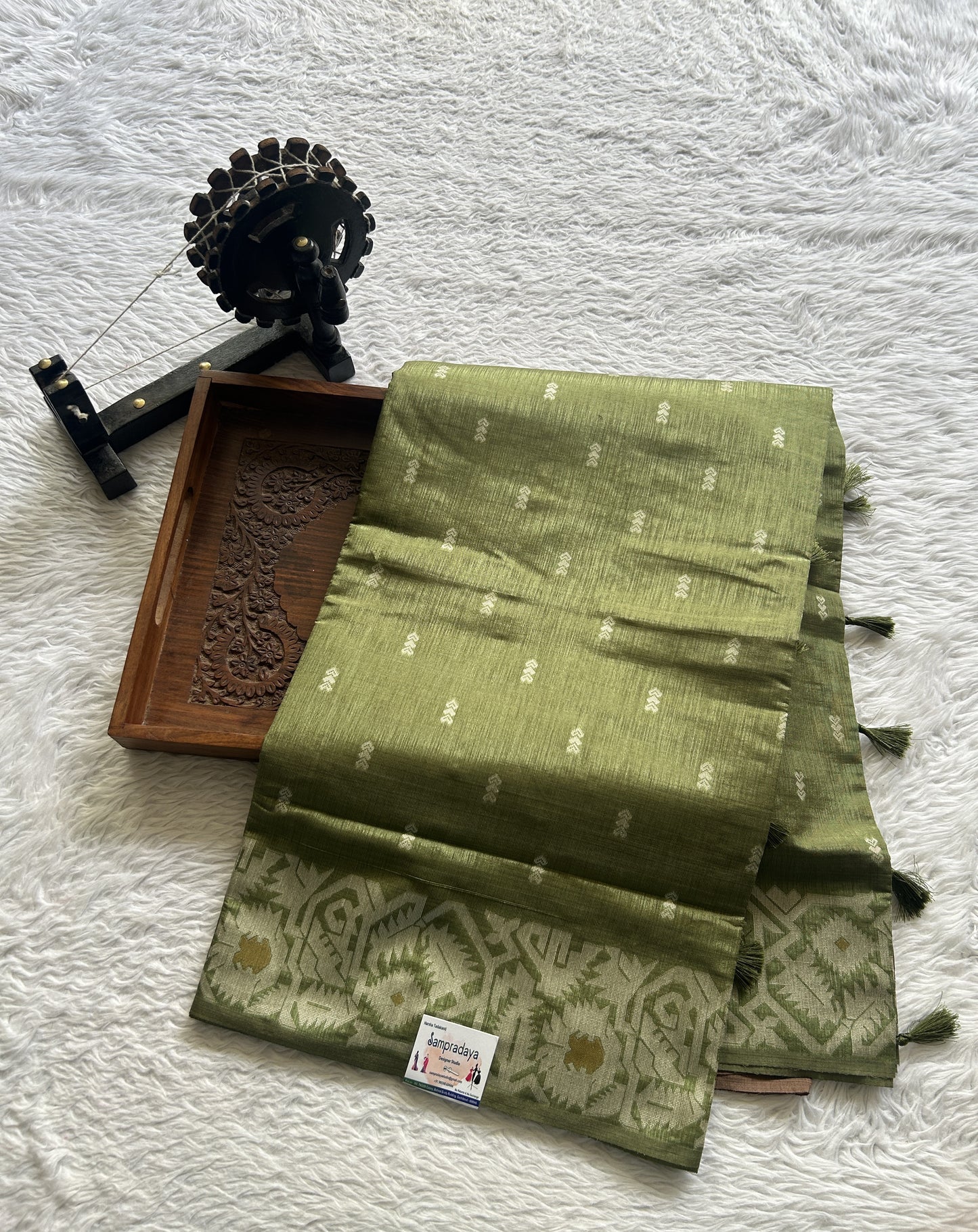 Semi Raw Silk Saree Fern Green Colored Complemented with a Zari Border. - Sampradaya Designer Studio