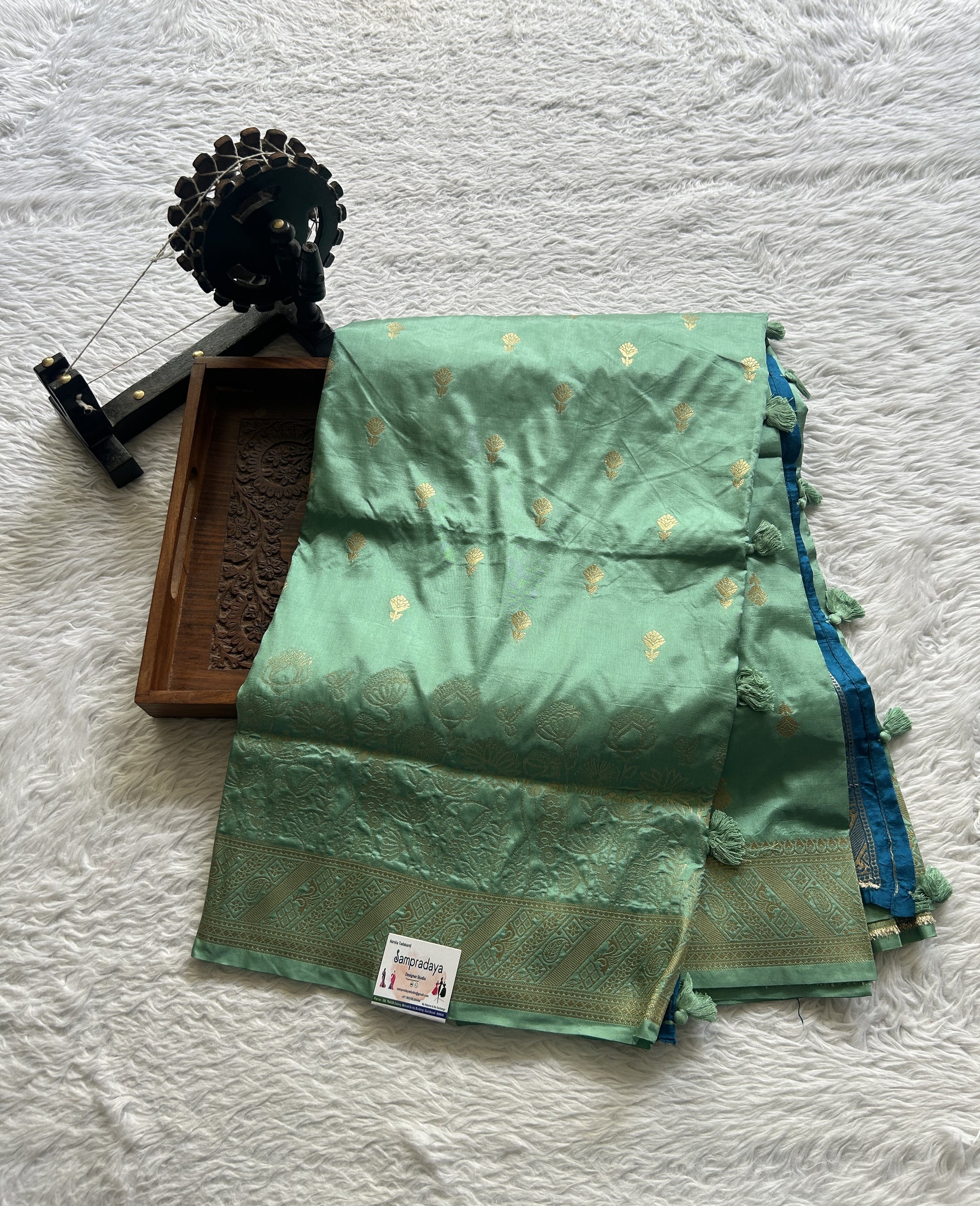 Semi Raw Silk Saree Emerald Green Colored Complemented with a Zari Border. - Sampradaya Designer Studio