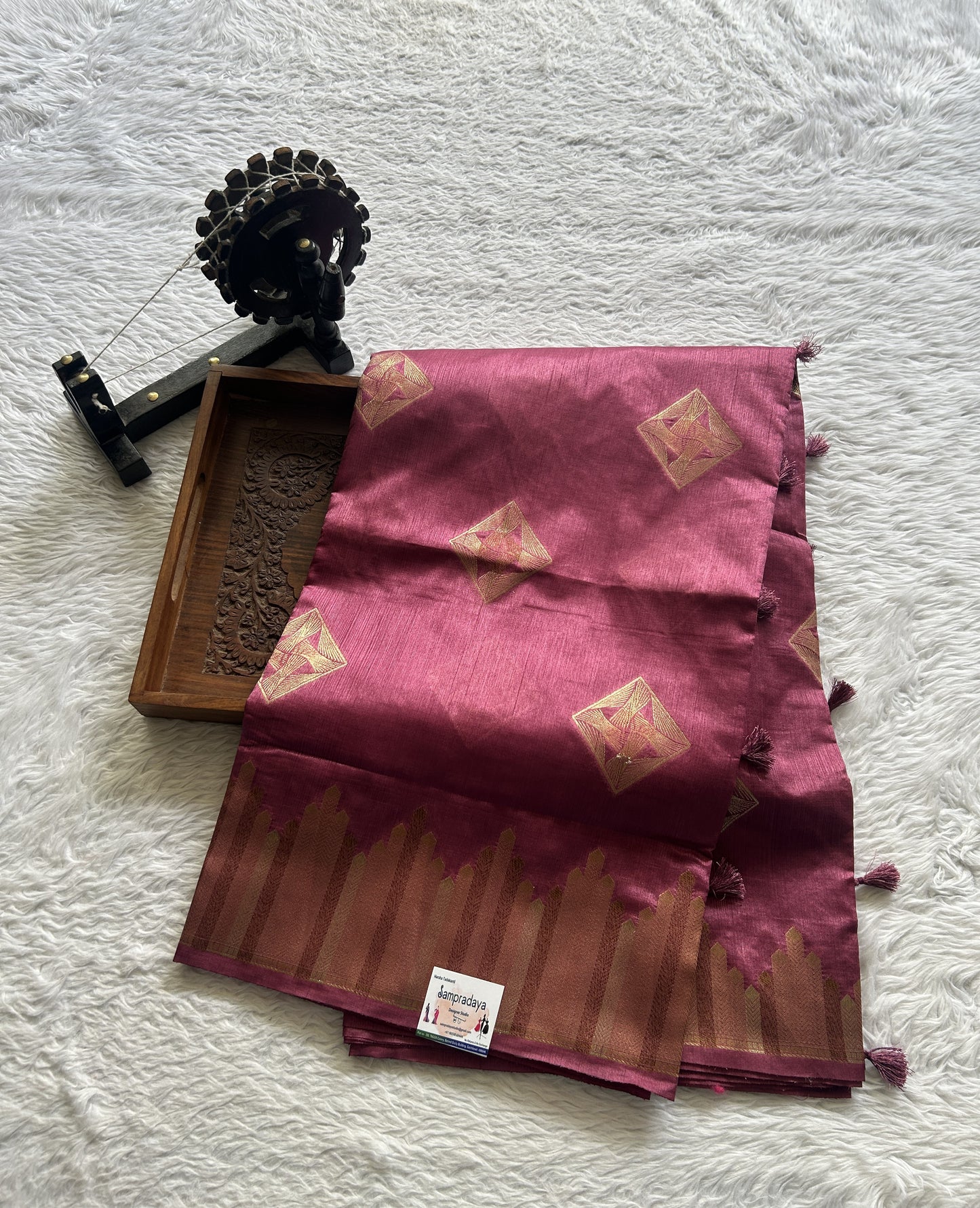 Semi Raw Silk Saree Plum Colored Complemented with a Zari Border. - Sampradaya Designer Studio