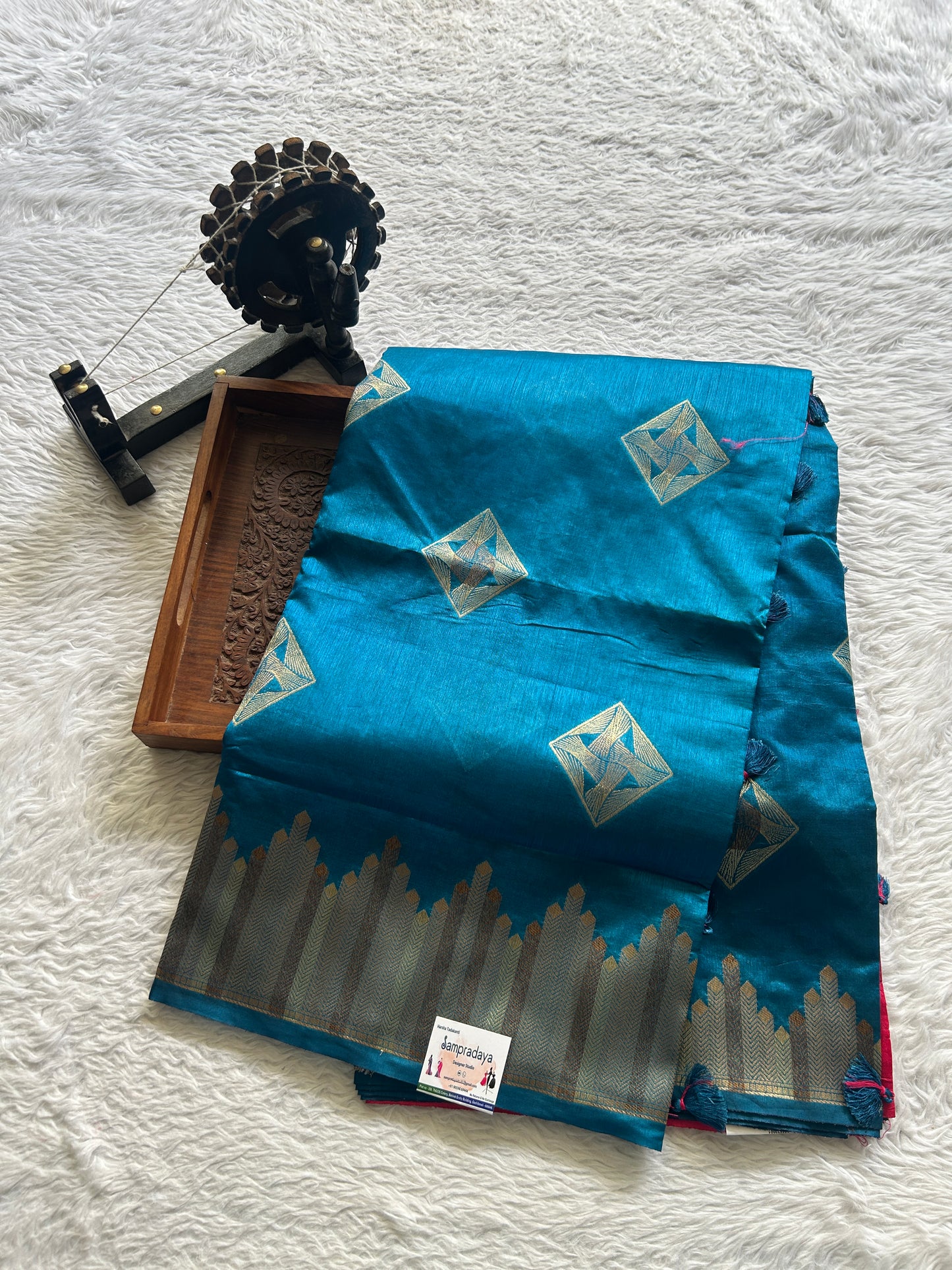 Semi Raw Silk Saree Dark Peacock Blue Colored Complemented with a Zari Border. - Sampradaya Designer Studio