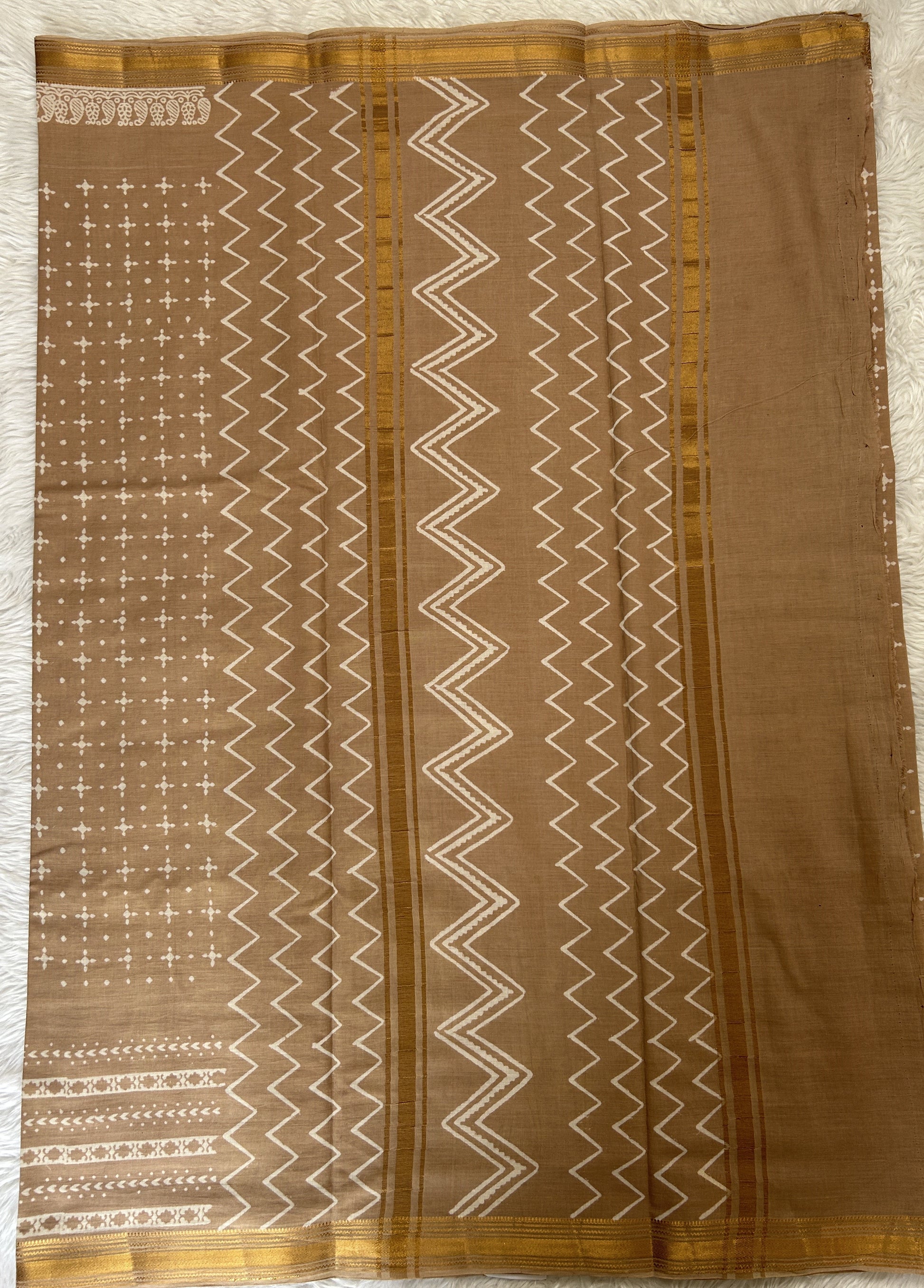 Banarasi Cotton Saree Light Brown Colored Complemented with a Zari Border. - Sampradaya Designer Studio