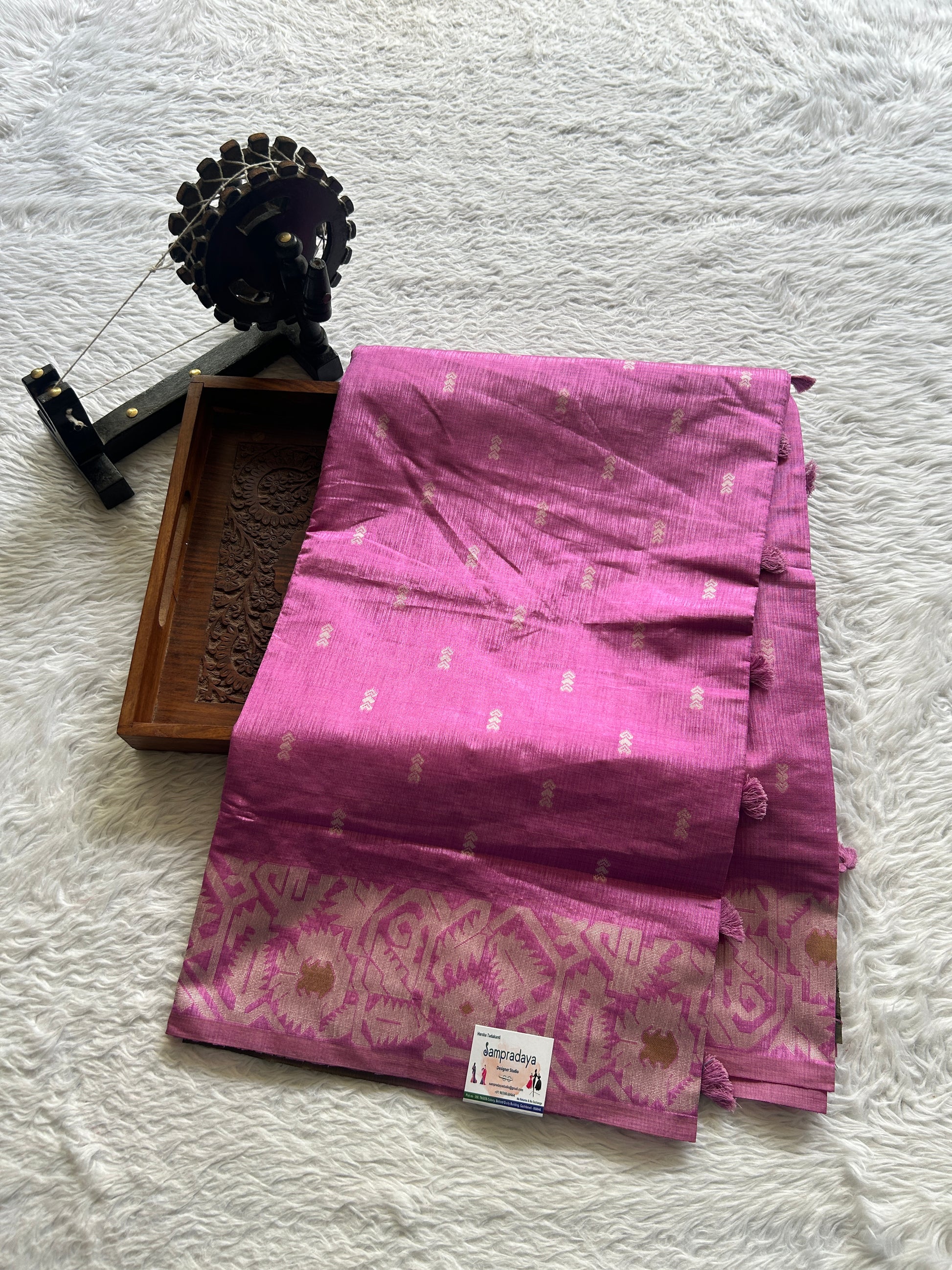 Semi Raw Silk Saree Deep Lilac Colored Complemented with a Zari Border. - Sampradaya Designer Studio