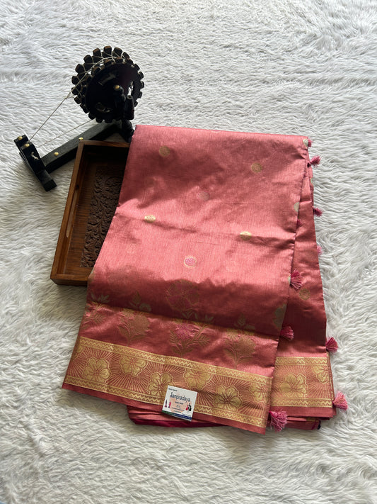 Semi Raw Silk Saree Pastel Peach Colored Complemented with a Zari Border. - Sampradaya Designer Studio