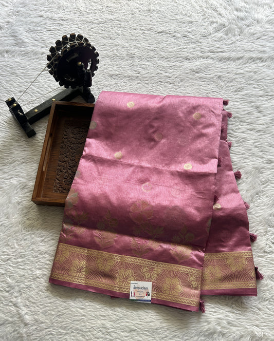 Semi Raw Silk Saree Taffy Pink Colored Complemented with a Zari Border. - Sampradaya Designer Studio