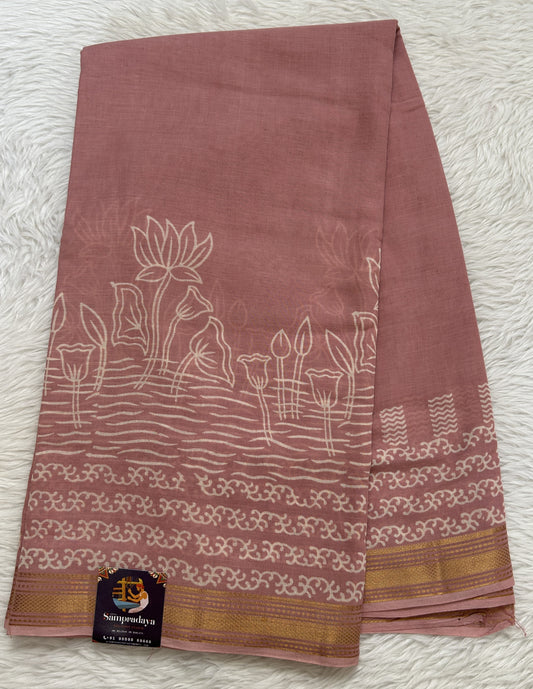 Banarasi Cotton Saree Light Pink Colored Complemented with a Zari Border. - Sampradaya Designer Studio