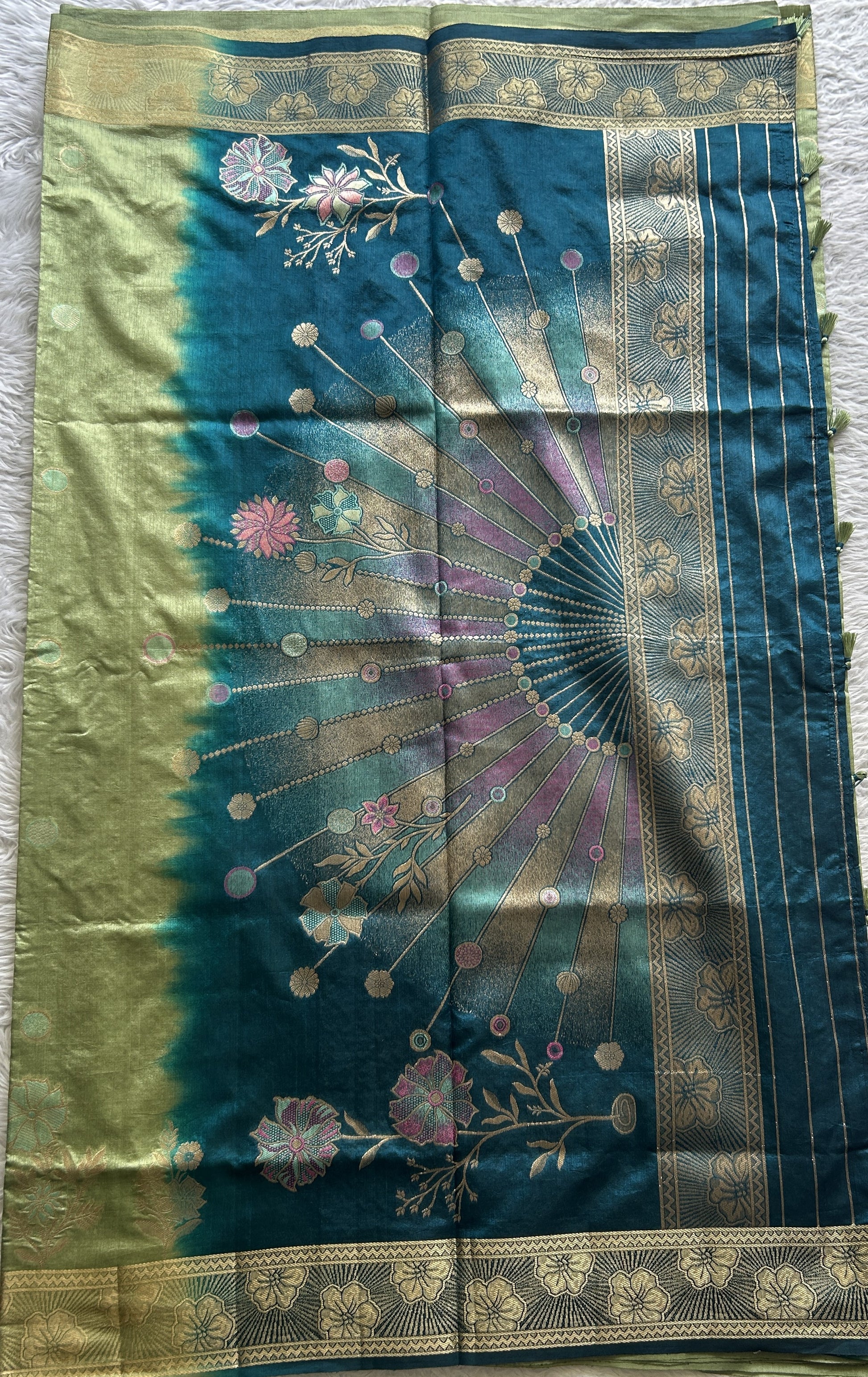 Semi Raw Silk Saree Cool Green Colored Complemented with a Zari Border. - Sampradaya Designer Studio