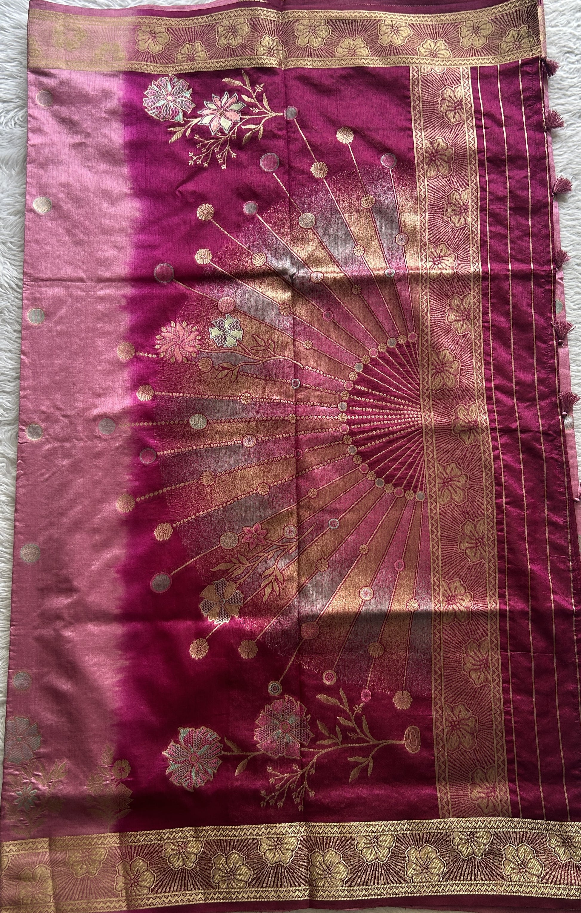 Semi Raw Silk Saree Taffy Pink Colored Complemented with a Zari Border. - Sampradaya Designer Studio