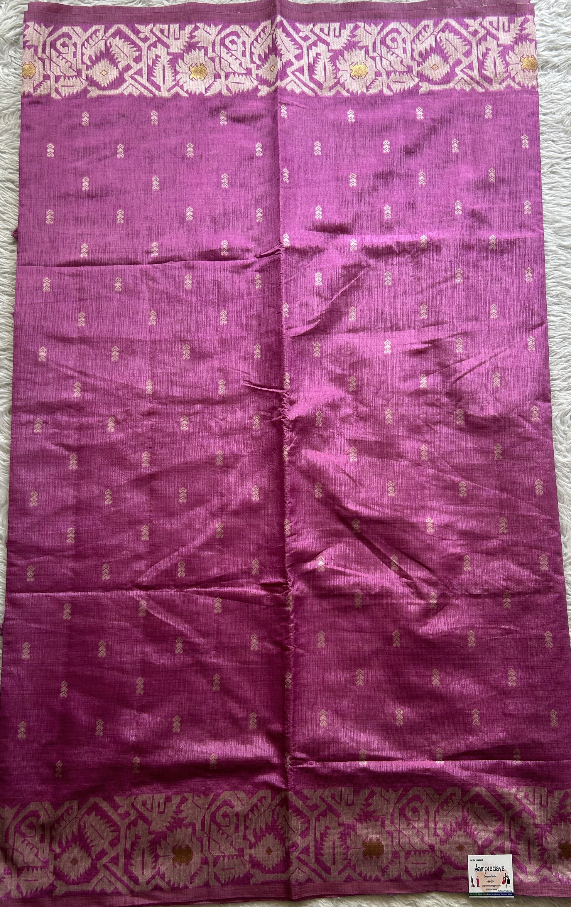 Semi Raw Silk Saree Deep Lilac Colored Complemented with a Zari Border. - Sampradaya Designer Studio