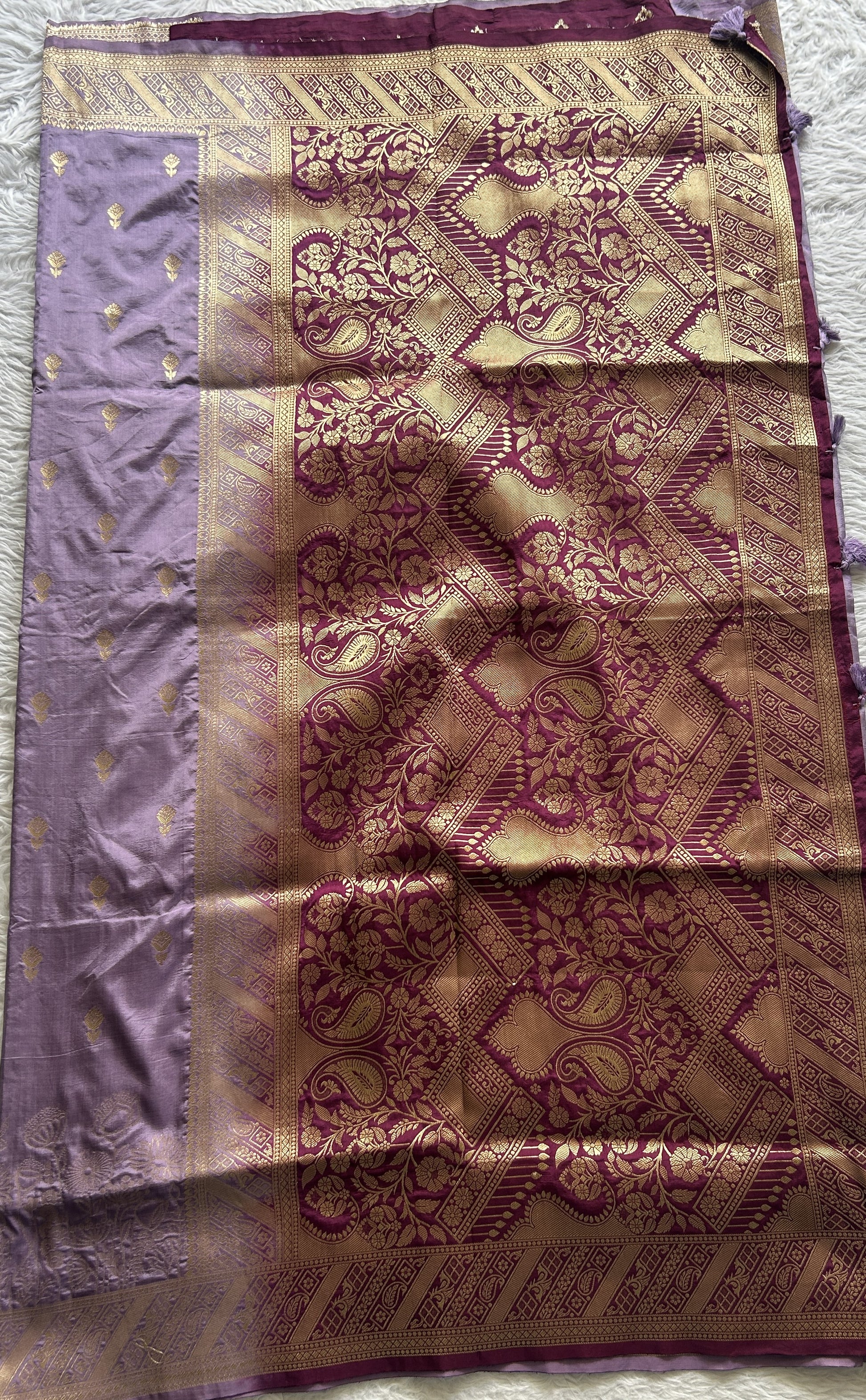 Semi Raw Silk Saree Light Mauve Colored Complemented with a Zari Border. - Sampradaya Designer Studio