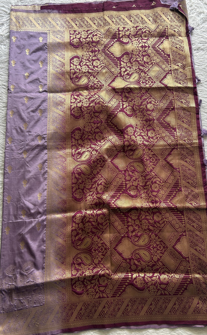 Semi Raw Silk Saree Light Mauve Colored Complemented with a Zari Border. - Sampradaya Designer Studio