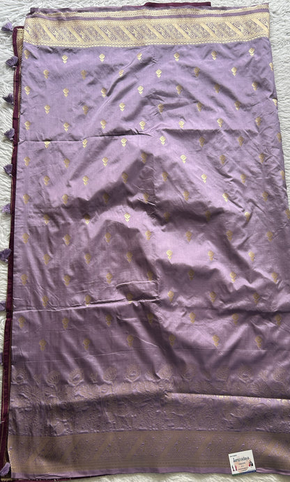 Semi Raw Silk Saree Light Mauve Colored Complemented with a Zari Border. - Sampradaya Designer Studio