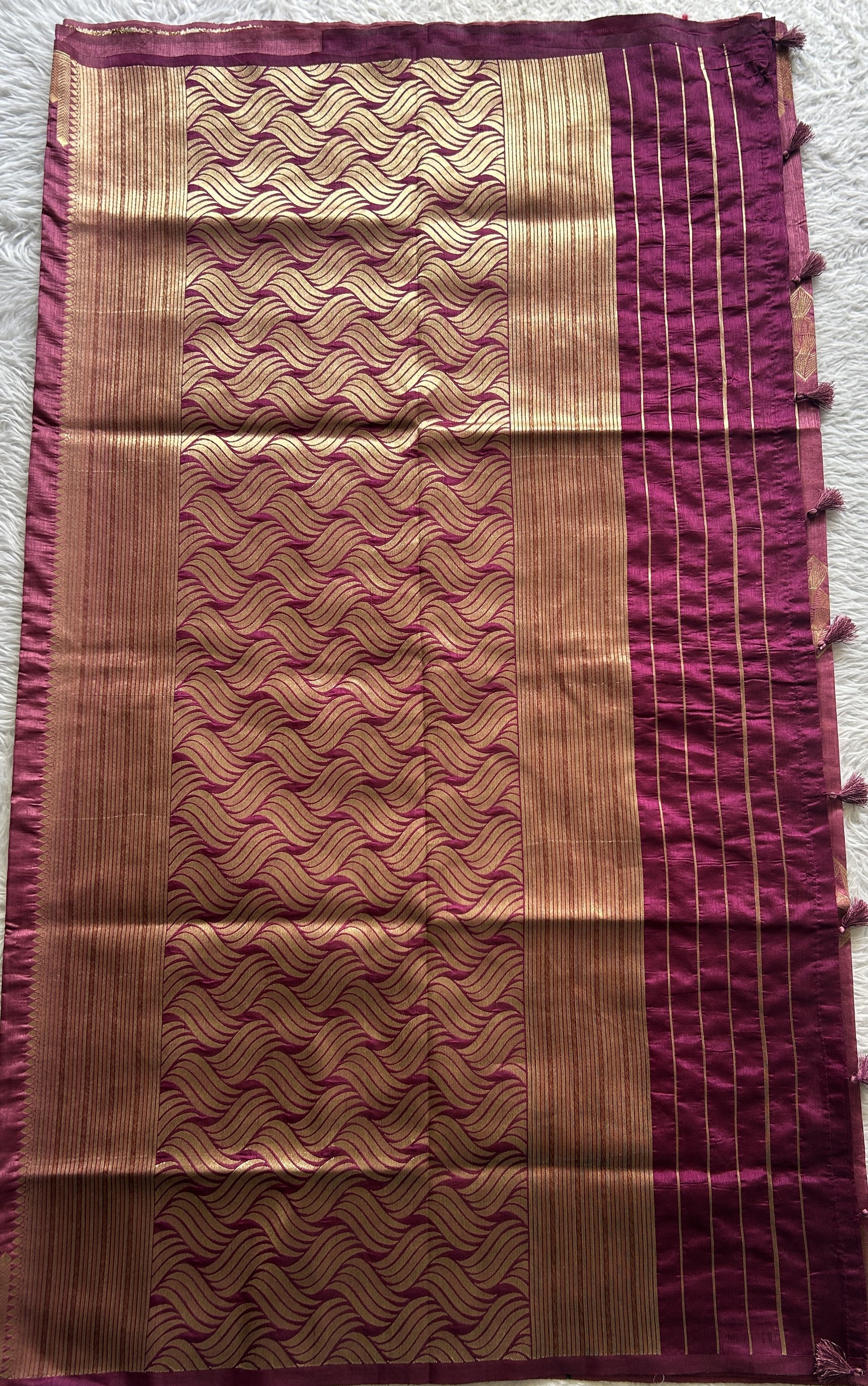 Semi Raw Silk Saree Plum Colored Complemented with a Zari Border. - Sampradaya Designer Studio